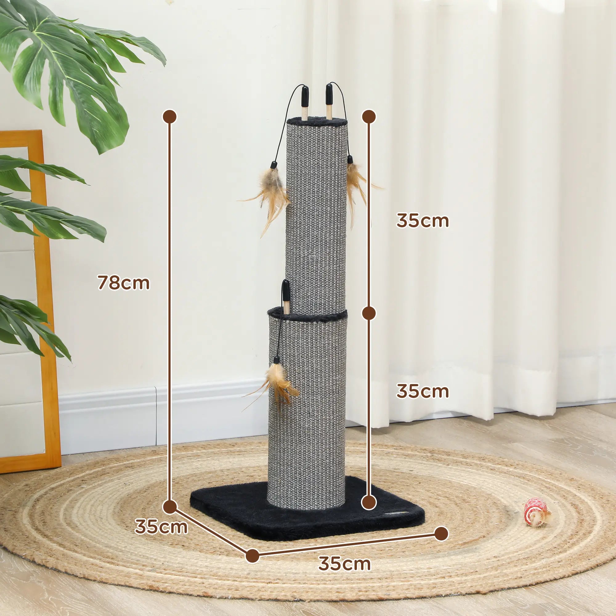 78cm 2-in-1 Cat Scratching Post with 3 Toy Feathers, Black