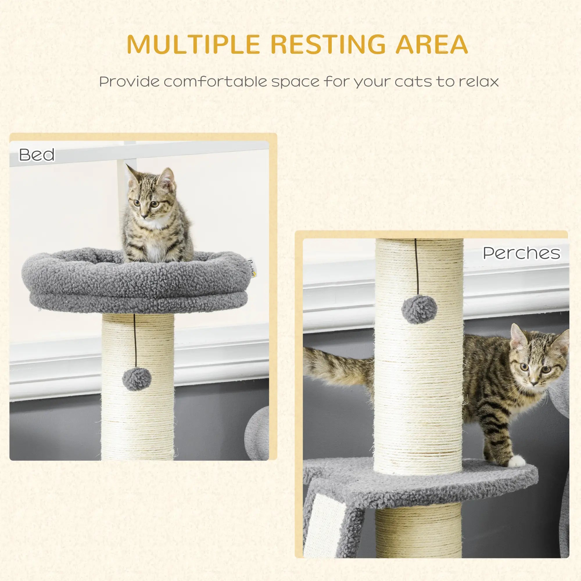 Cat Tree Tower with Scratching Posts, Pad, Bed, Toy Ball-Dark Grey