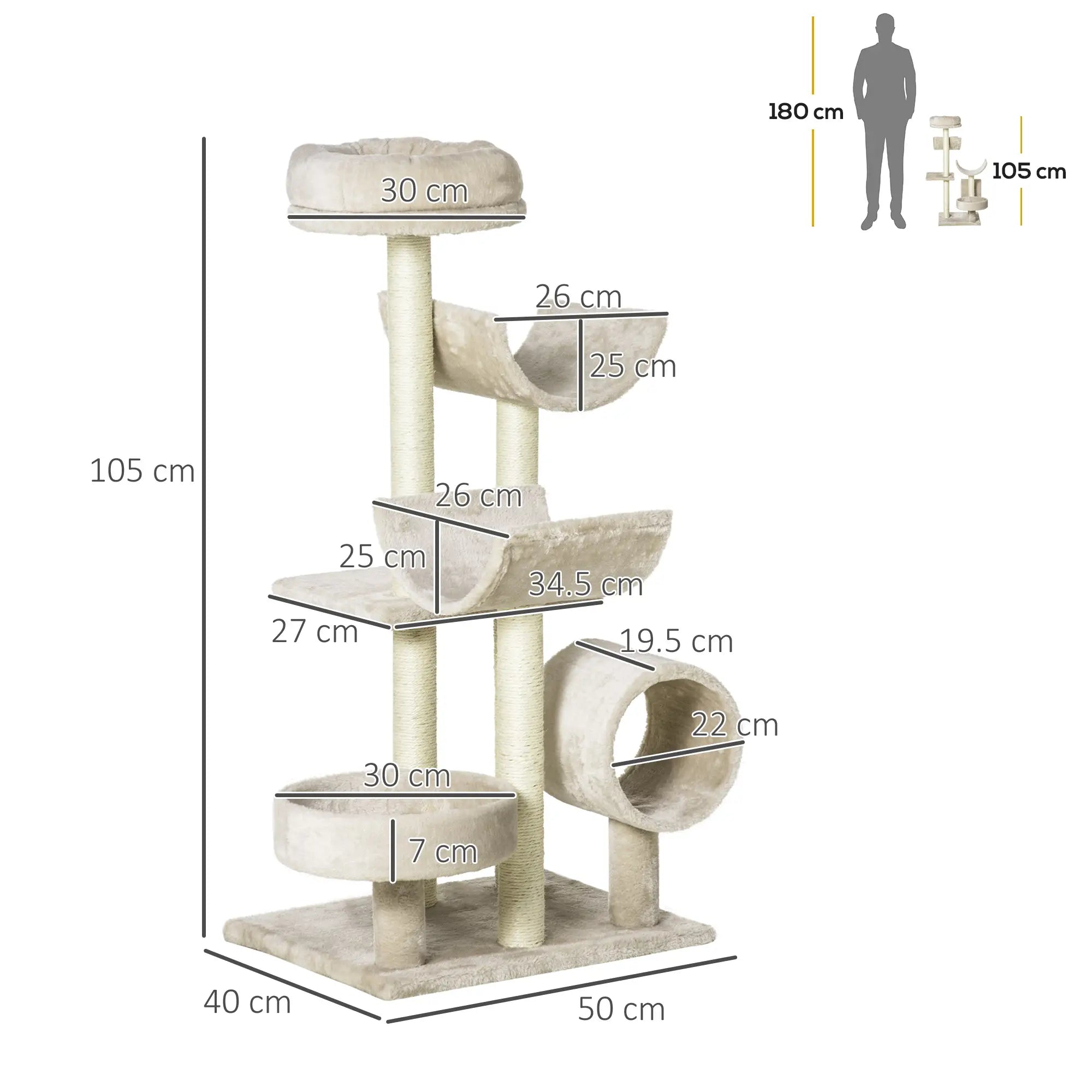 Cat Tree for Indoor Cats Kitten Pet Scratching Post Perch Activity Center Scratcher Climb Post Play House Arch with Tunnel 105cm Tall Beige