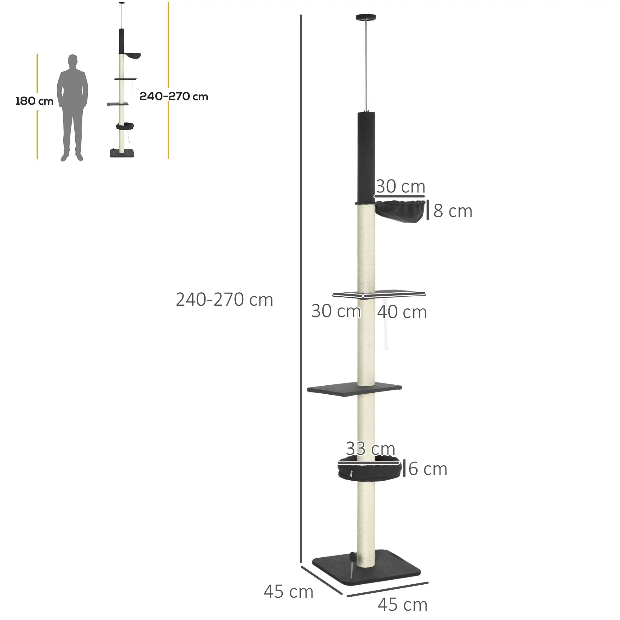 PawHut 240-270cm Floor-To-Ceiling Cat Tree, 5 Tier Cat Climbing Tower, with Bed, Hammock, Platforms, Black and Cream