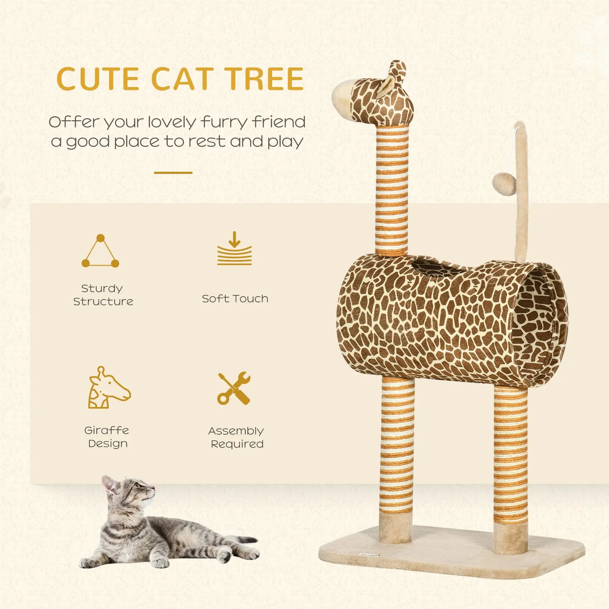 Giraffe-Designed Cat Tree, with Scratching Posts, Cat Tunnel, Toy Ball - Beige