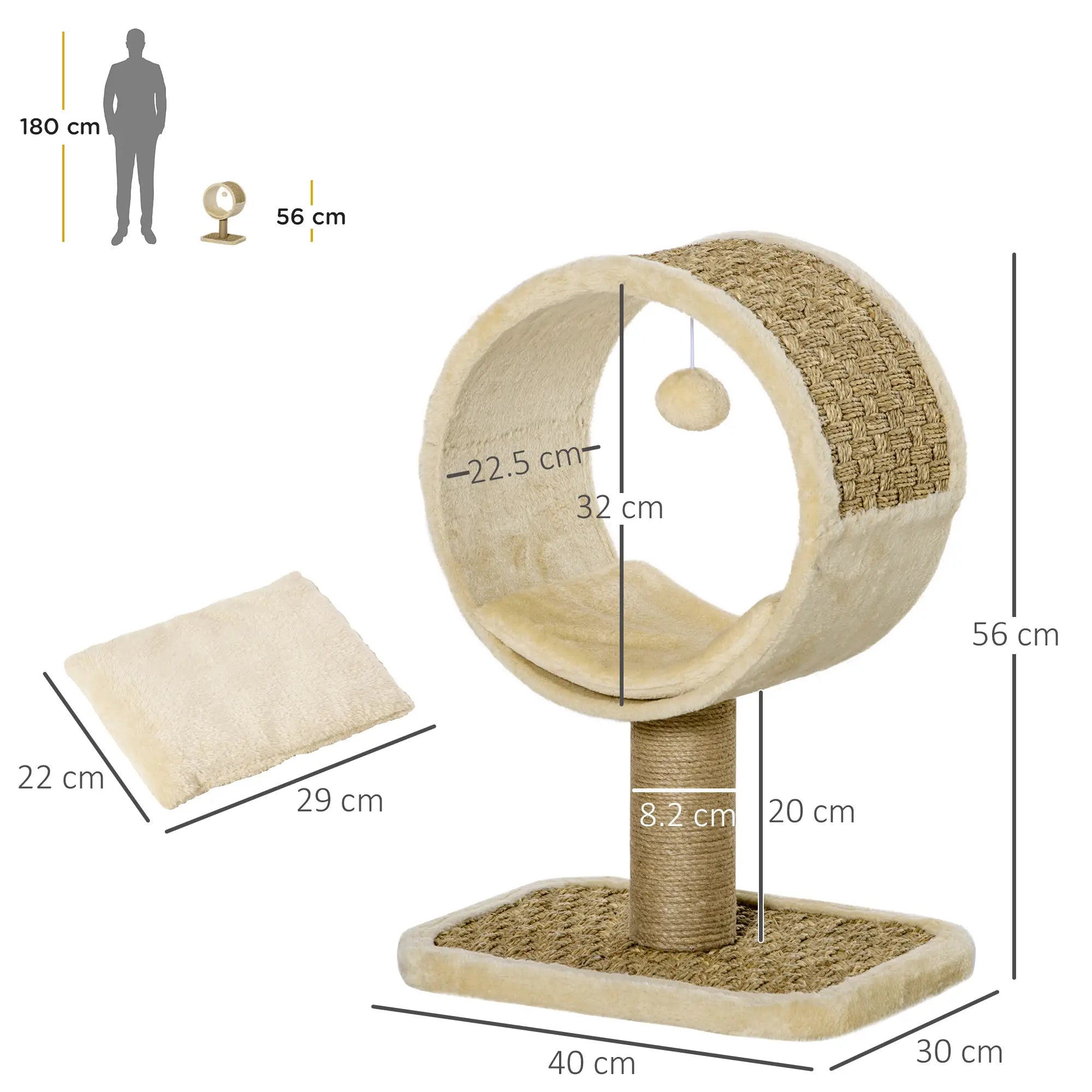 56cm Cat Tree for Indoor Cats, with Scratching Post, Tunnel, Toy Ball - Beige