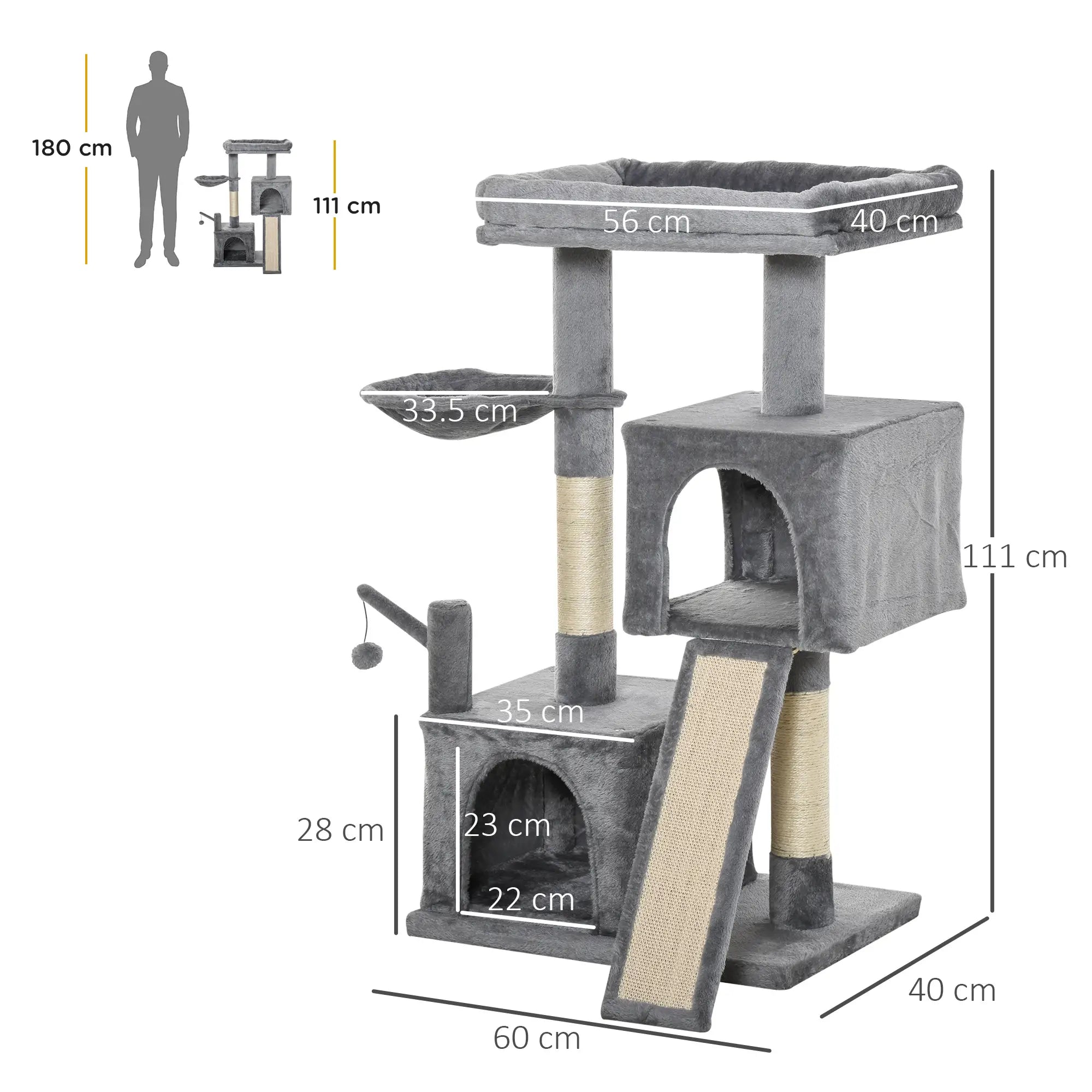 Cat Tree Tower for Indoor Cats, 111cm Kitten Activity Centre with Scratching Post Pad Hammock Condo Bed Ball Toy, Grey