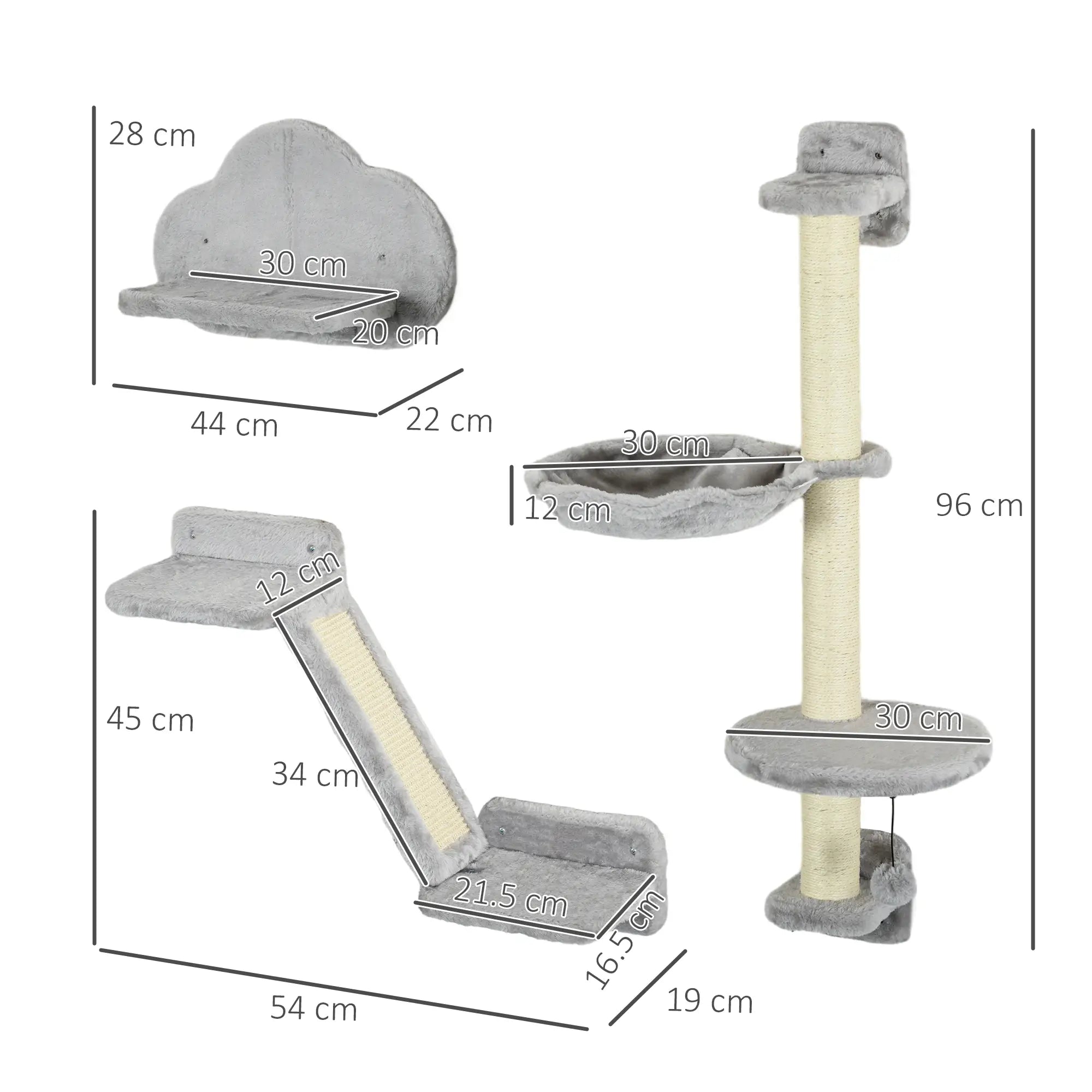 Three-Piece Wall-Mounted Cat Shelves, with Hammock, Ladder, Platforms, Scratching Post - Grey