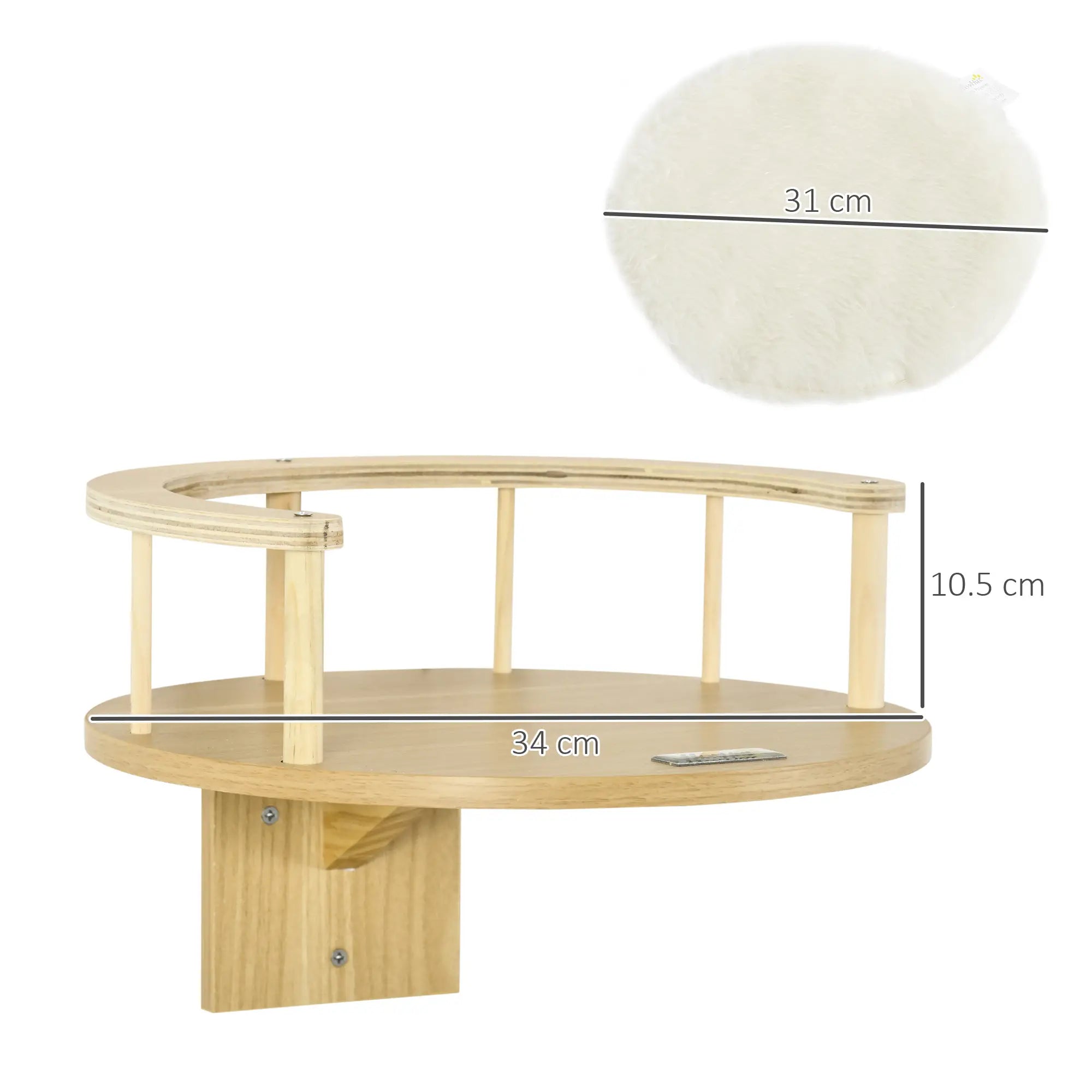 Wall-Mounted Cat Shelf with Cushion, Guardrails, 34 x 34 x 10.5cm
