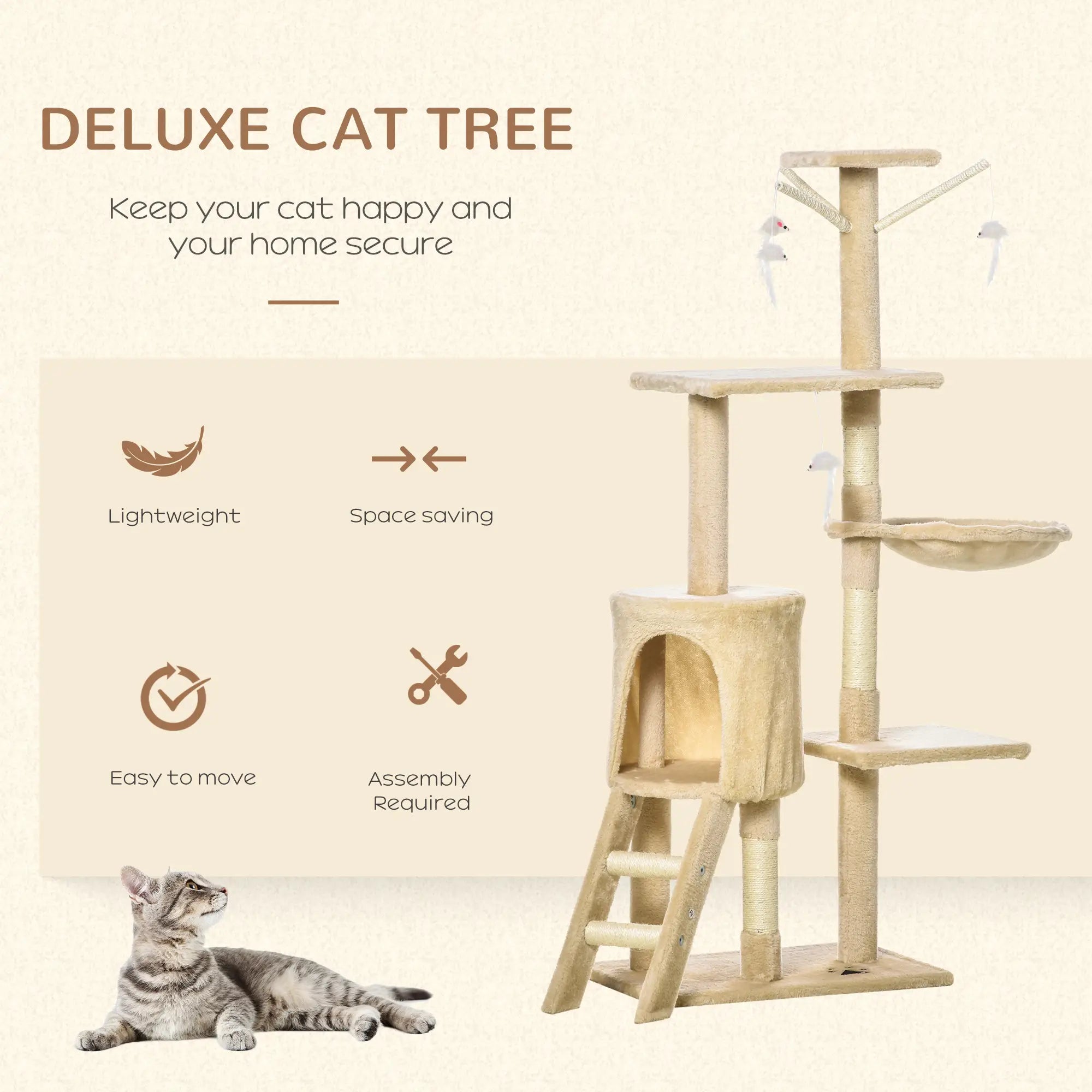 Cat Tree for Indoor Cats 135cm Kitten Tower Scratching Post Kitty Scratcher Climbing Tower with Ladder, Beige