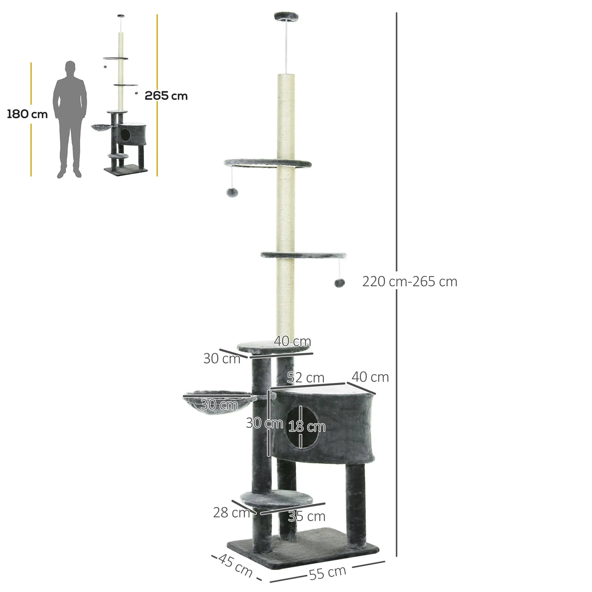 Floor to Ceiling Cat Tree for Indoor Cats Play Tower Climbing Activity Center Scratching Post Platforms Condo Adjustable Height 220-265cm Dark Grey