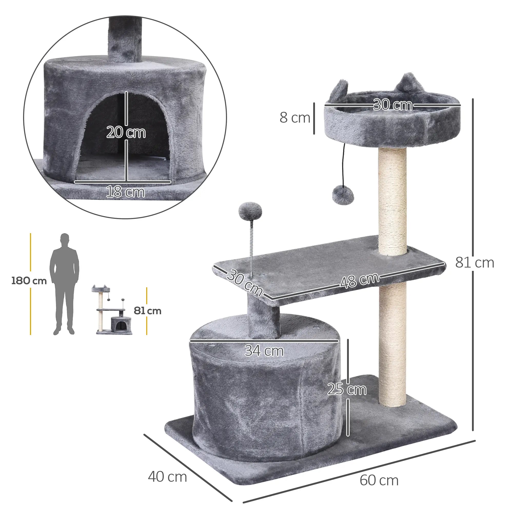 Cat Tree for Indoor Cats with Scratching Post Climbing Tower Kitty Activity Centre Condo Perch Jumping Platforms Grey 60L x 40W x 81H cm