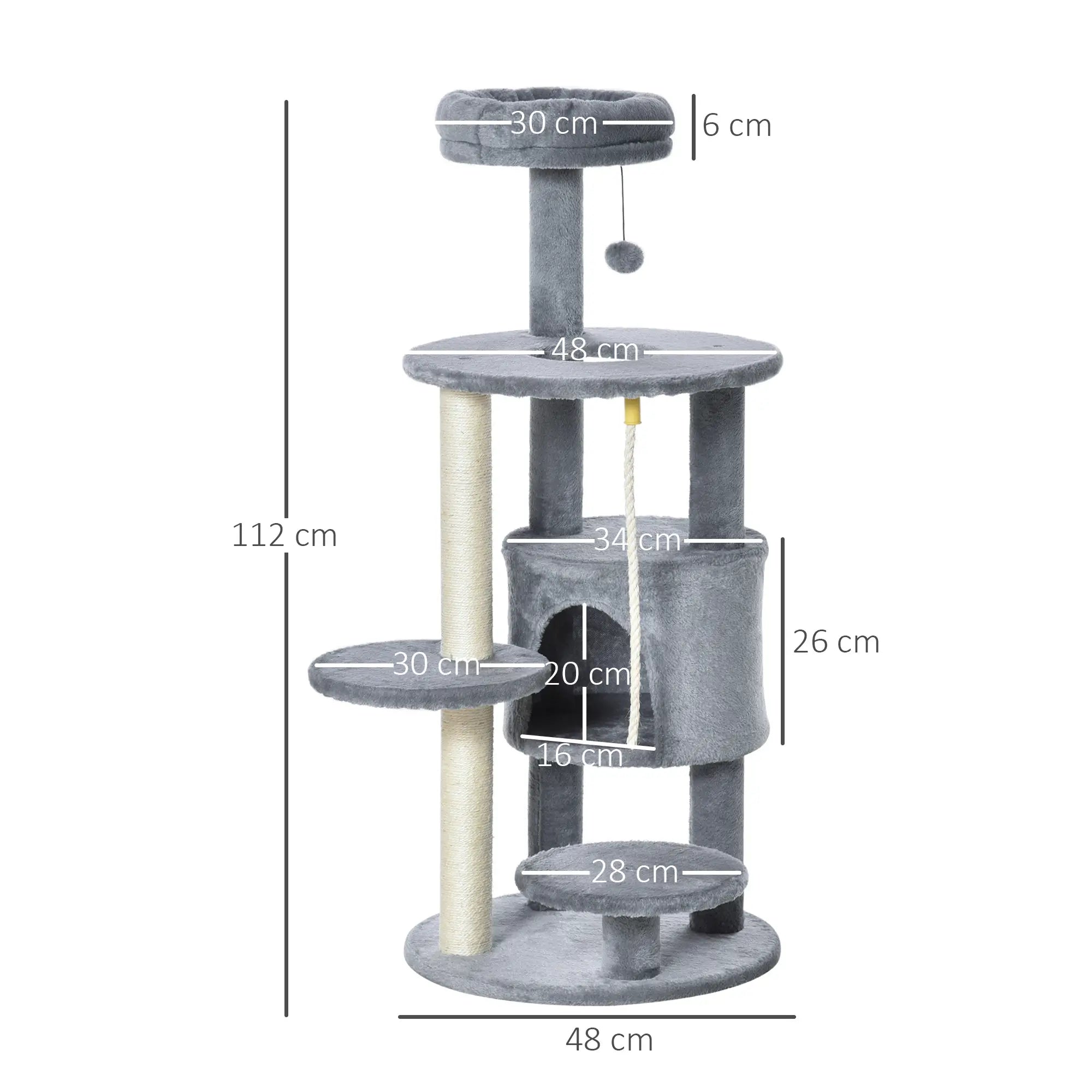 Cat Tree Tower for Indoor Cats 112cm Climbing Kitten Activity Center with Jute Scratching Post Perch Hanging Ball Toy Teasing Rope Dark grey