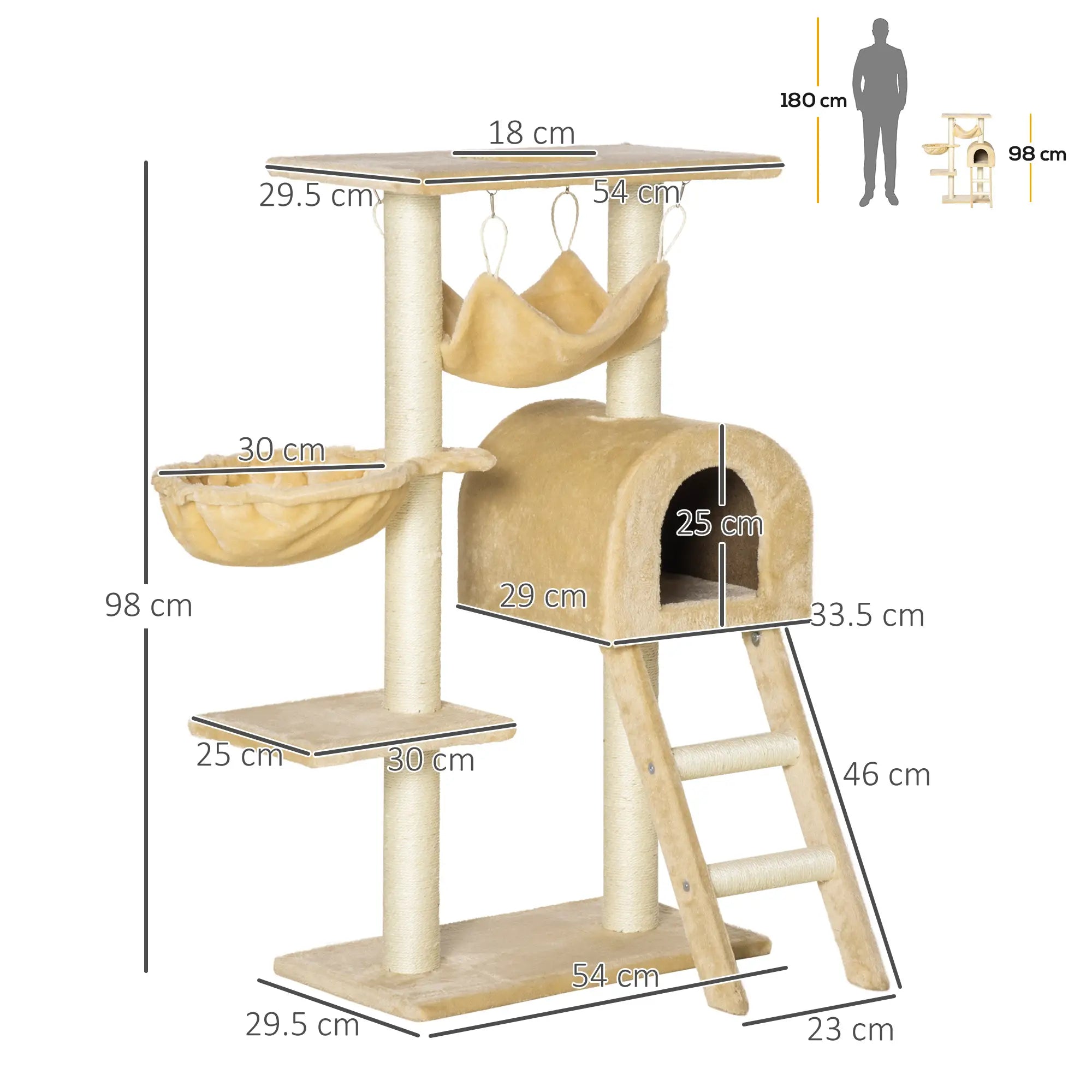 Cat Tree Tower for Indoor Cats Kitten Activity Centre Scratching Post w/ Hammock House Basket Ladder - Beige
