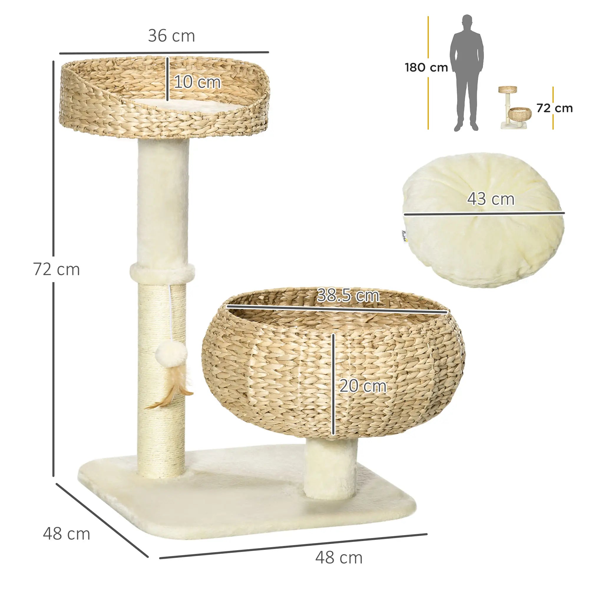 72cm Cat Tree Kitten Tower, with Sisal Scratching Post, Two Beds, Toy Ball