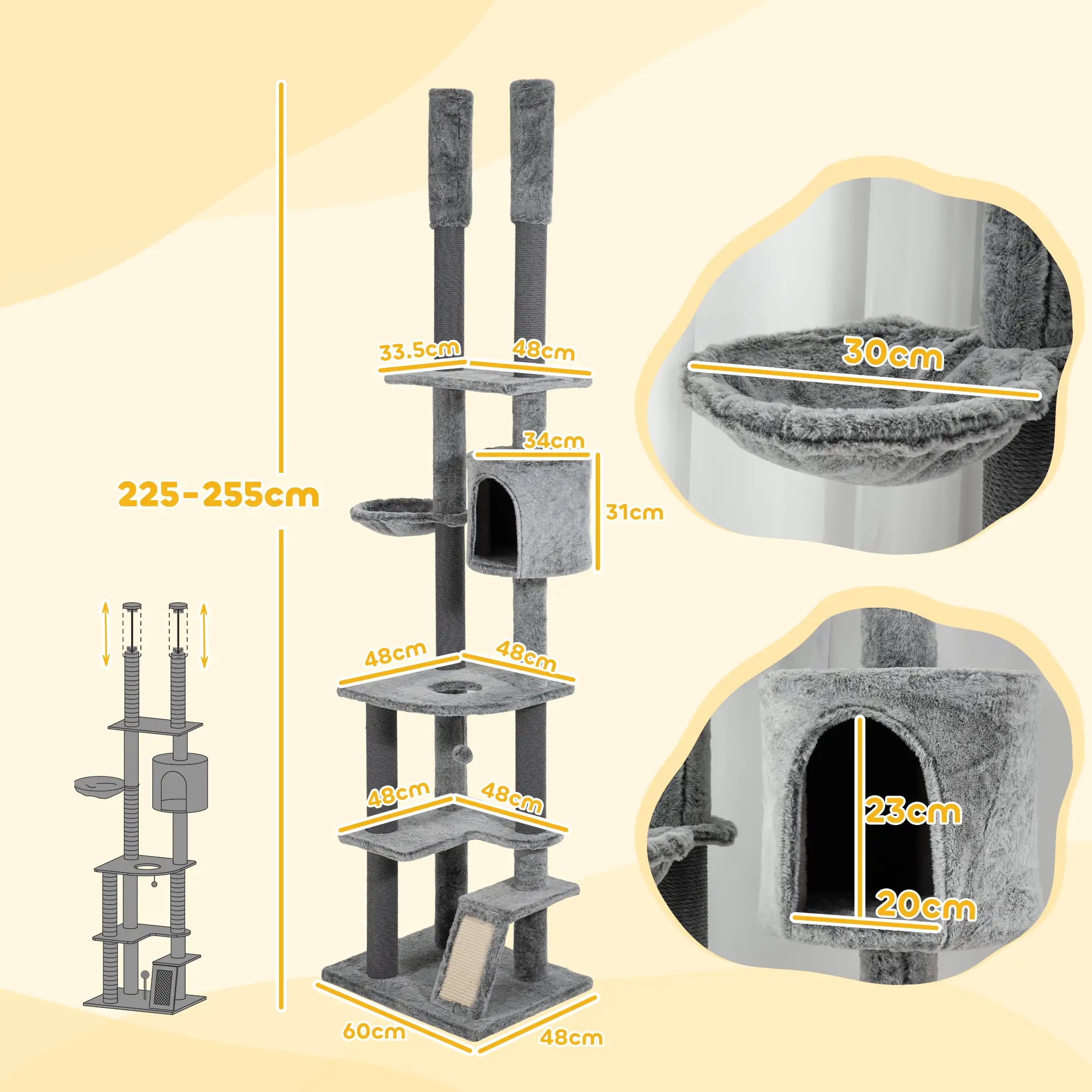225-255cm Floor to Ceiling Cat Tree, Large Cat Tower w/ Cat Scratching Posts, Ramp, Cat House