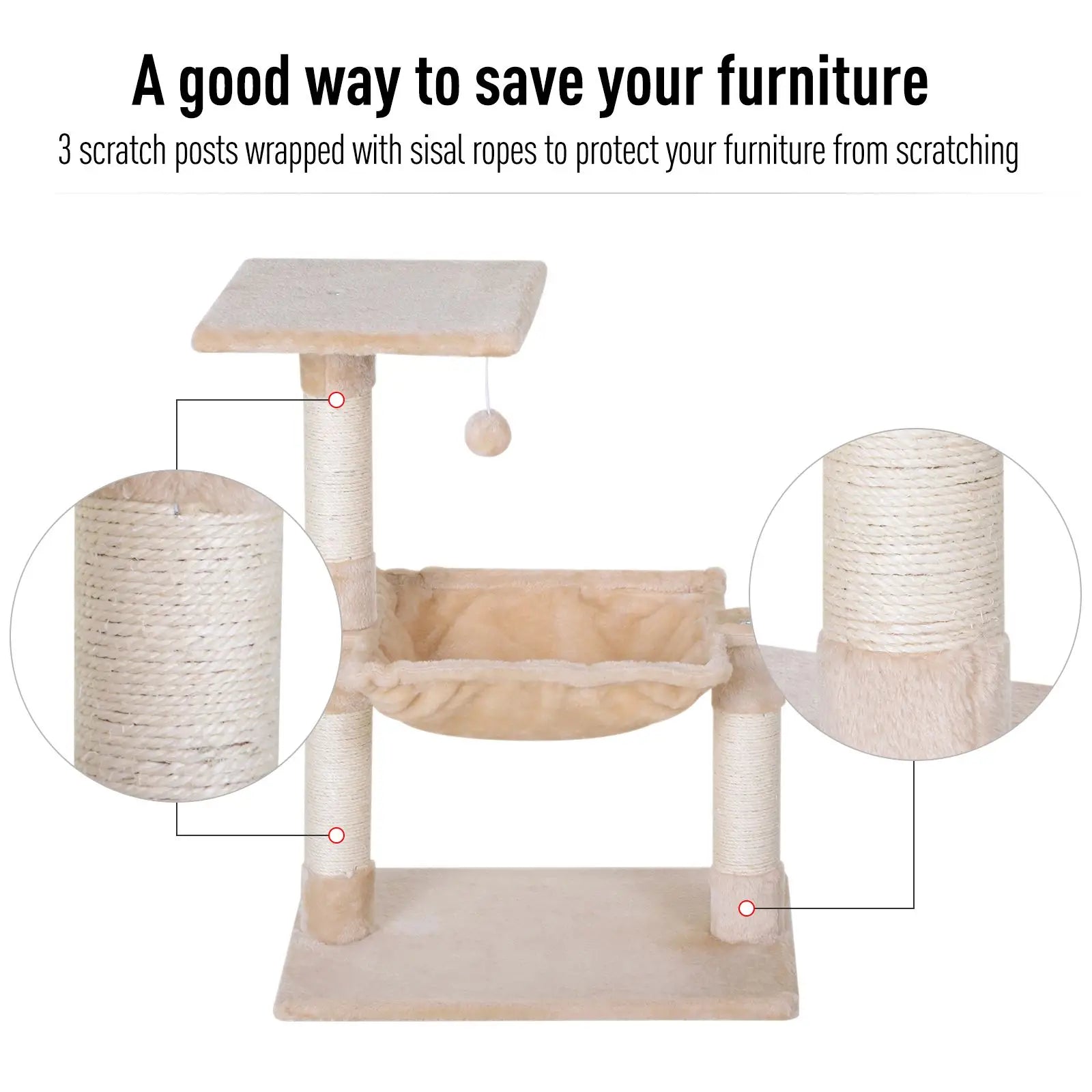 Scratch Post with Bed Cat Tree for Indoor Cats Sisal Scratching Posts Hammock Kitty Activity Centre Beige