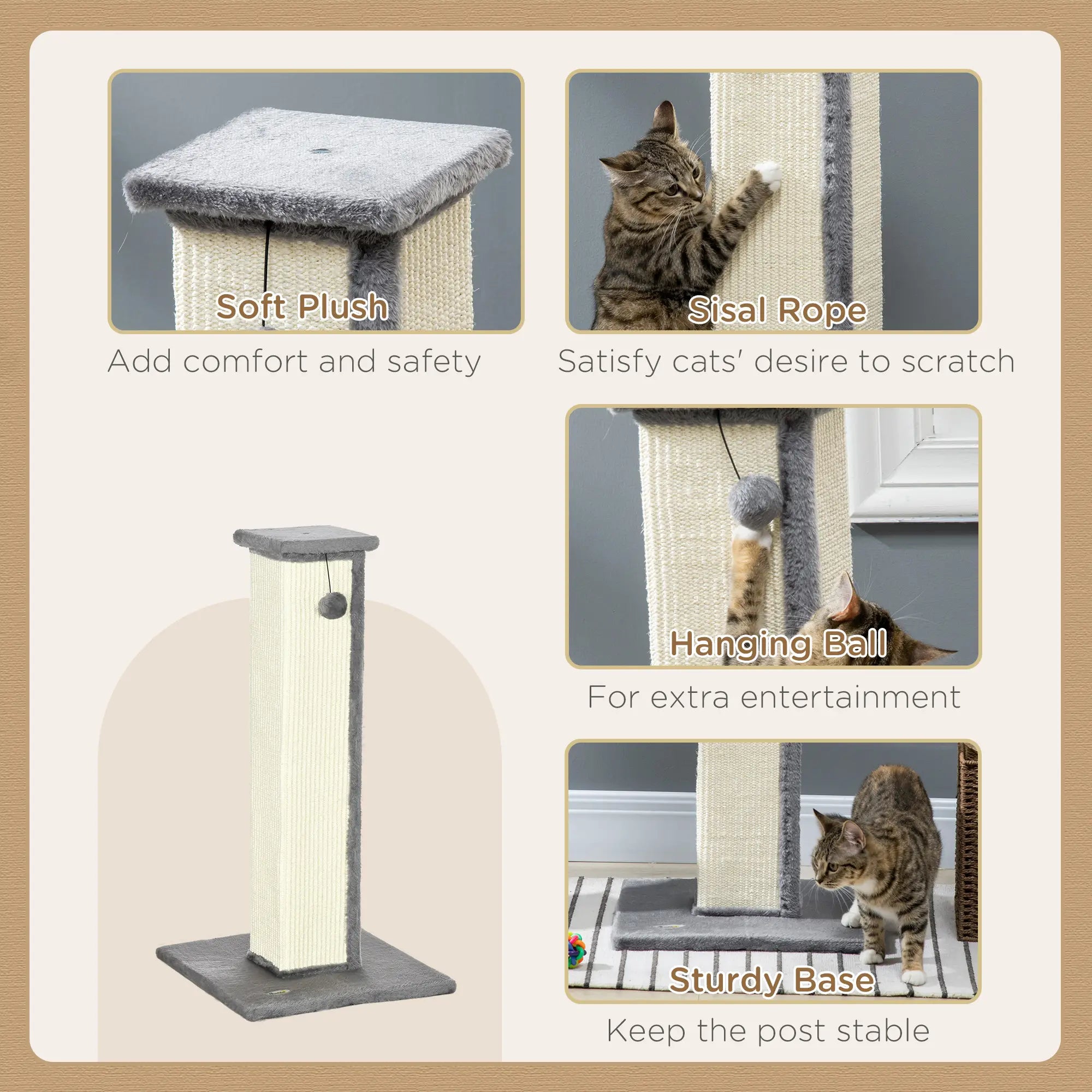 81cm Cat Scratcher, Vertical Full Scratcher w/ Natural Sisal Rope, Hanging Ball, Soft Plush - Grey