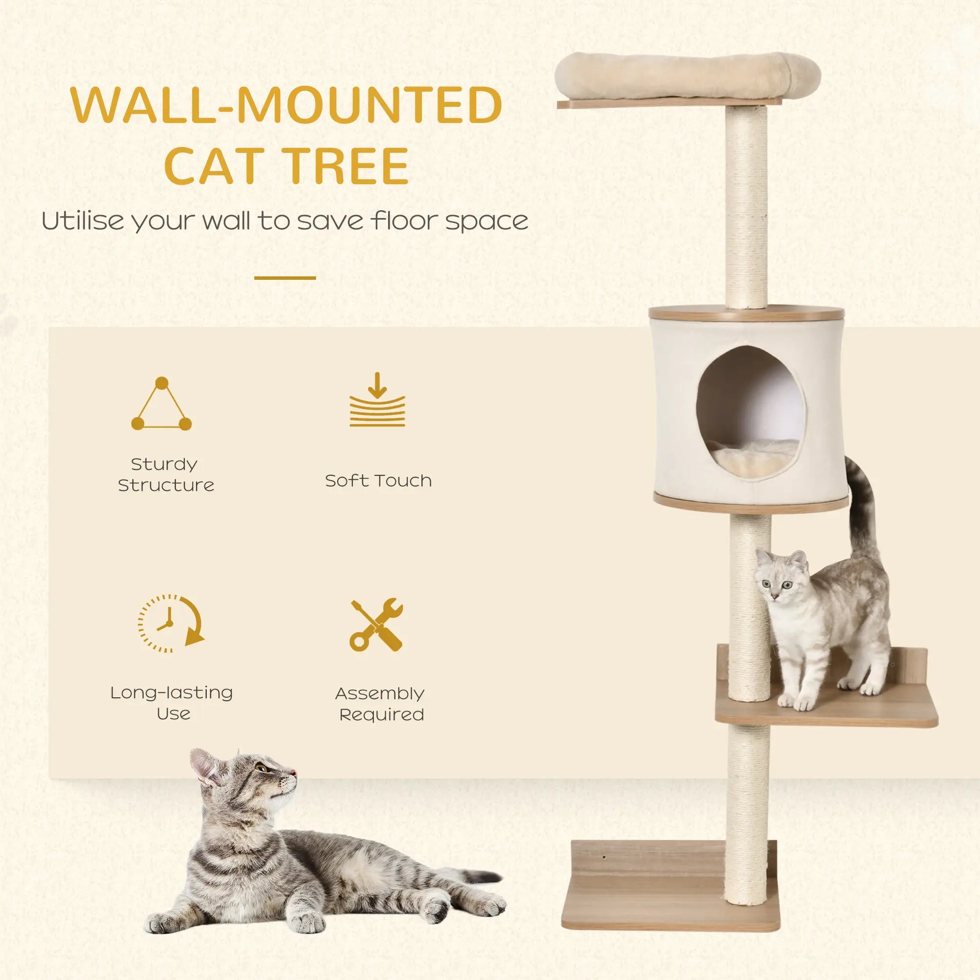 Wall-Mounted Cat Tree, with Cat House, Bed, Scratching Post - Beige