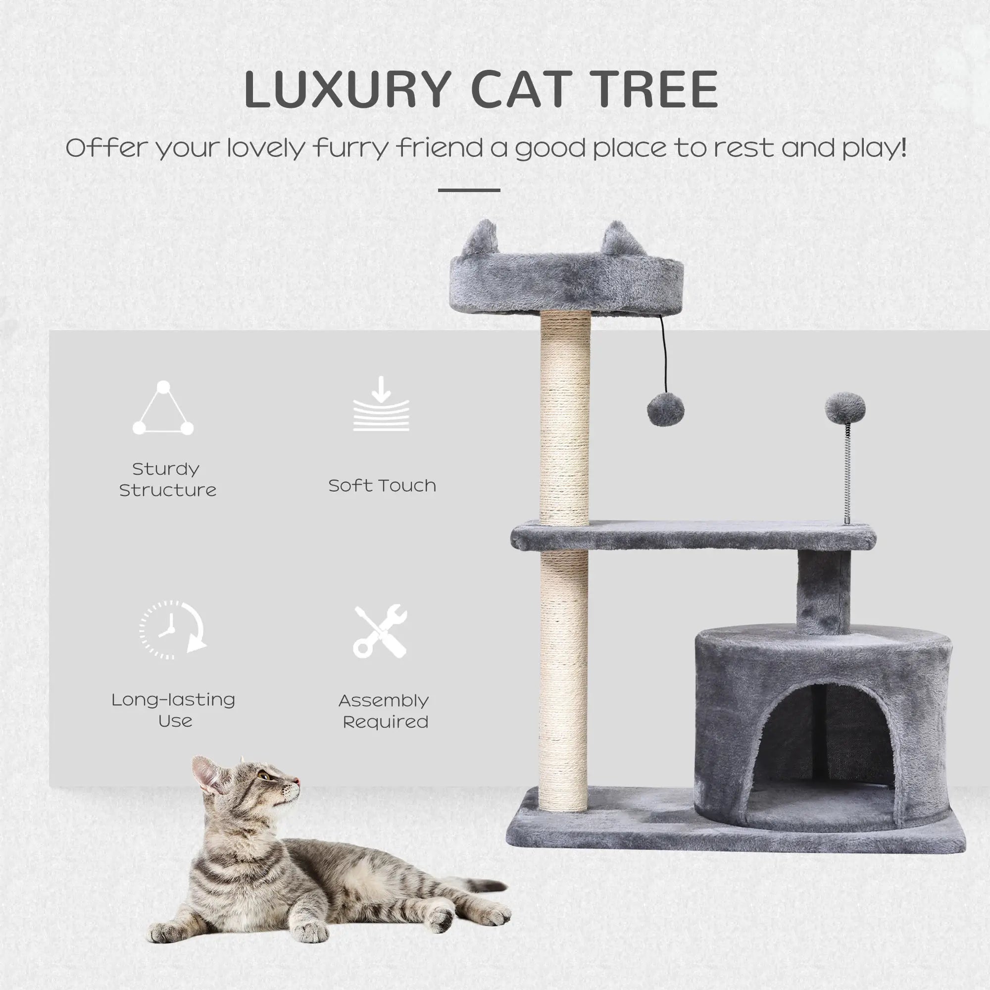 Cat Tree for Indoor Cats with Scratching Post Climbing Tower Kitty Activity Centre Condo Perch Jumping Platforms Grey 60L x 40W x 81H cm