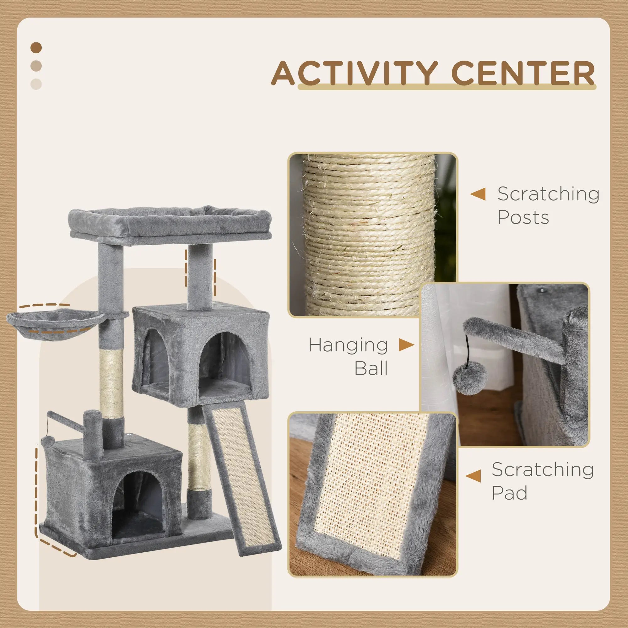 Cat Tree Tower for Indoor Cats, 111cm Kitten Activity Centre with Scratching Post Pad Hammock Condo Bed Ball Toy, Grey