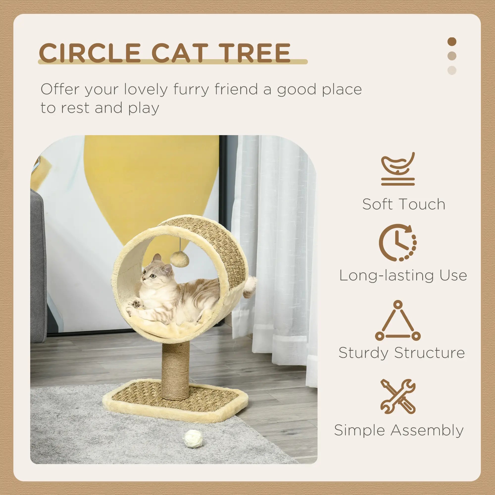 56cm Cat Tree for Indoor Cats, with Scratching Post, Tunnel, Toy Ball - Beige