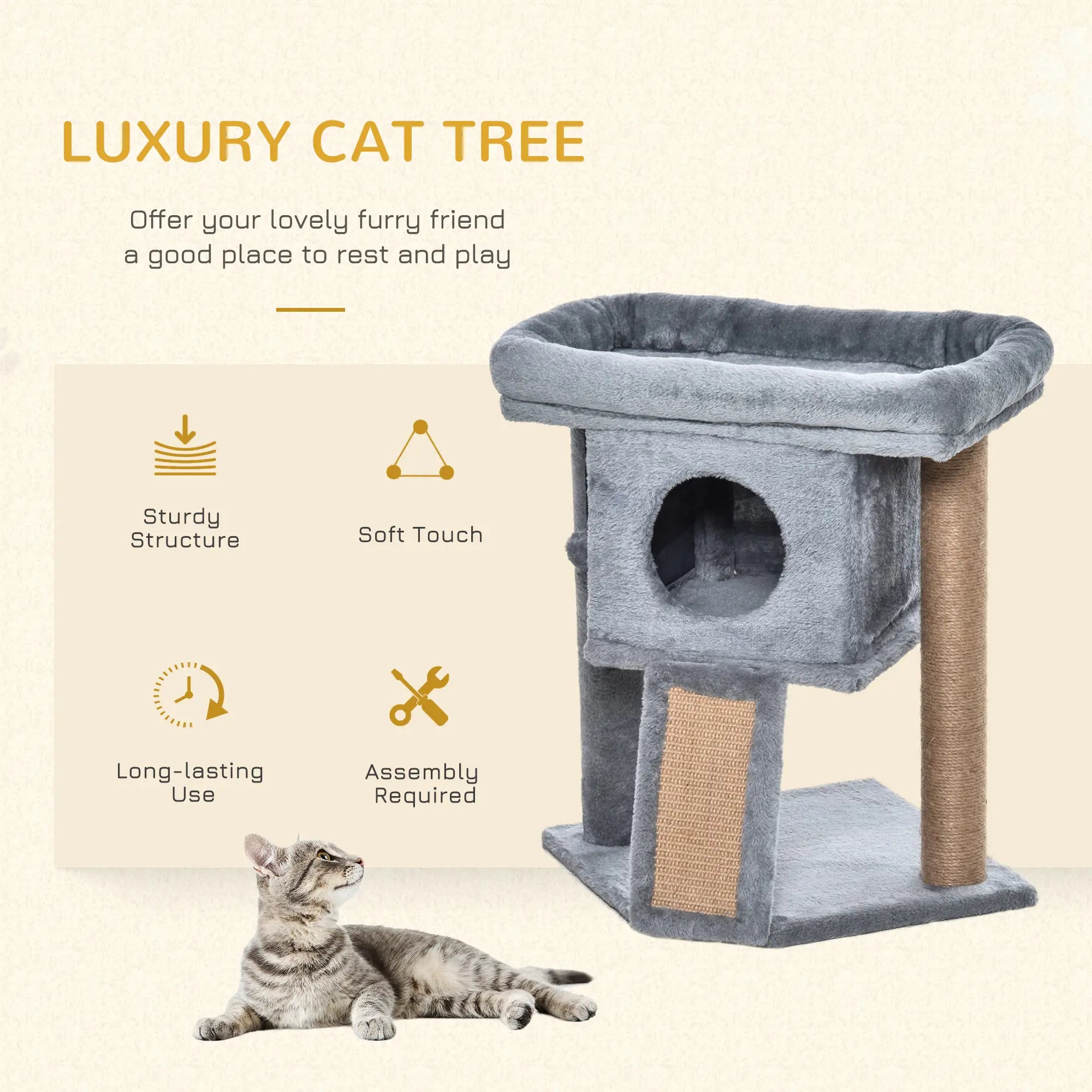 Cat Tree Tower for Indoor Cats CScratching Post Climbing Activity Centre w/Jute Scratching Pad, Toy Ball, Cat House - Grey