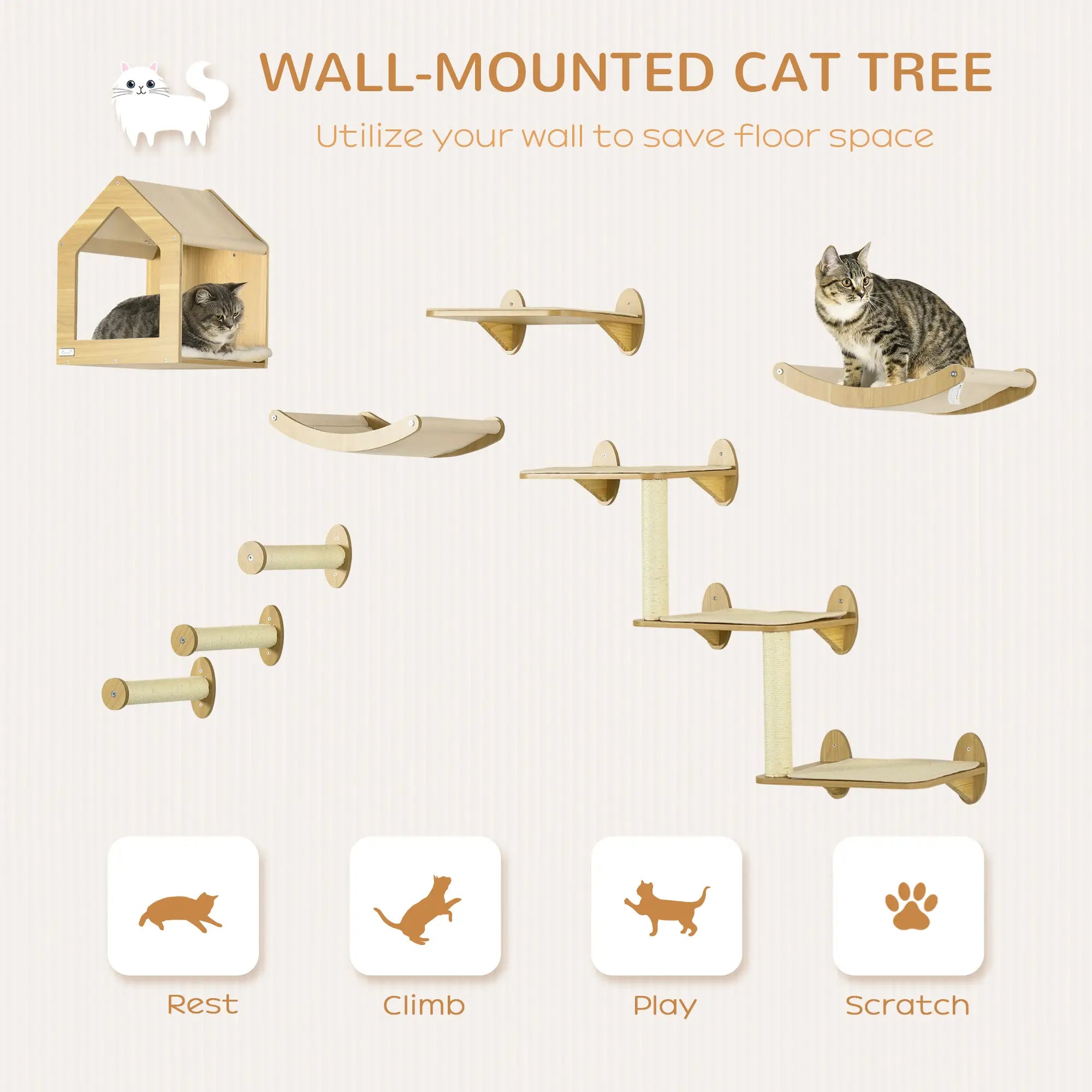 8 Piece Cat Shelves Set, with Cat House, Three Perches, Three Scratching Posts