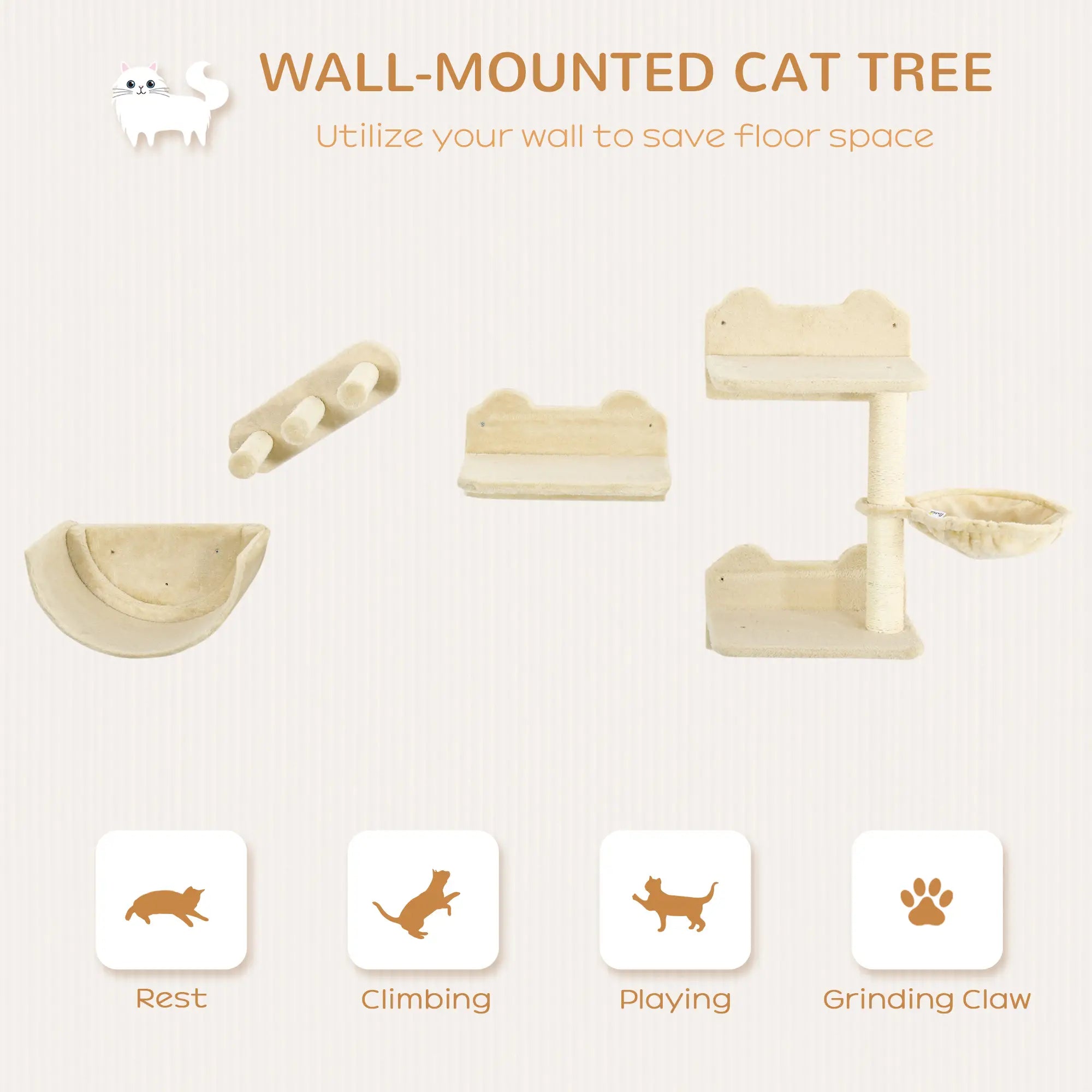 4PCs Wall-Mounted Cat Shelves w/ Scratching Post, Hammock, Nest - Beige