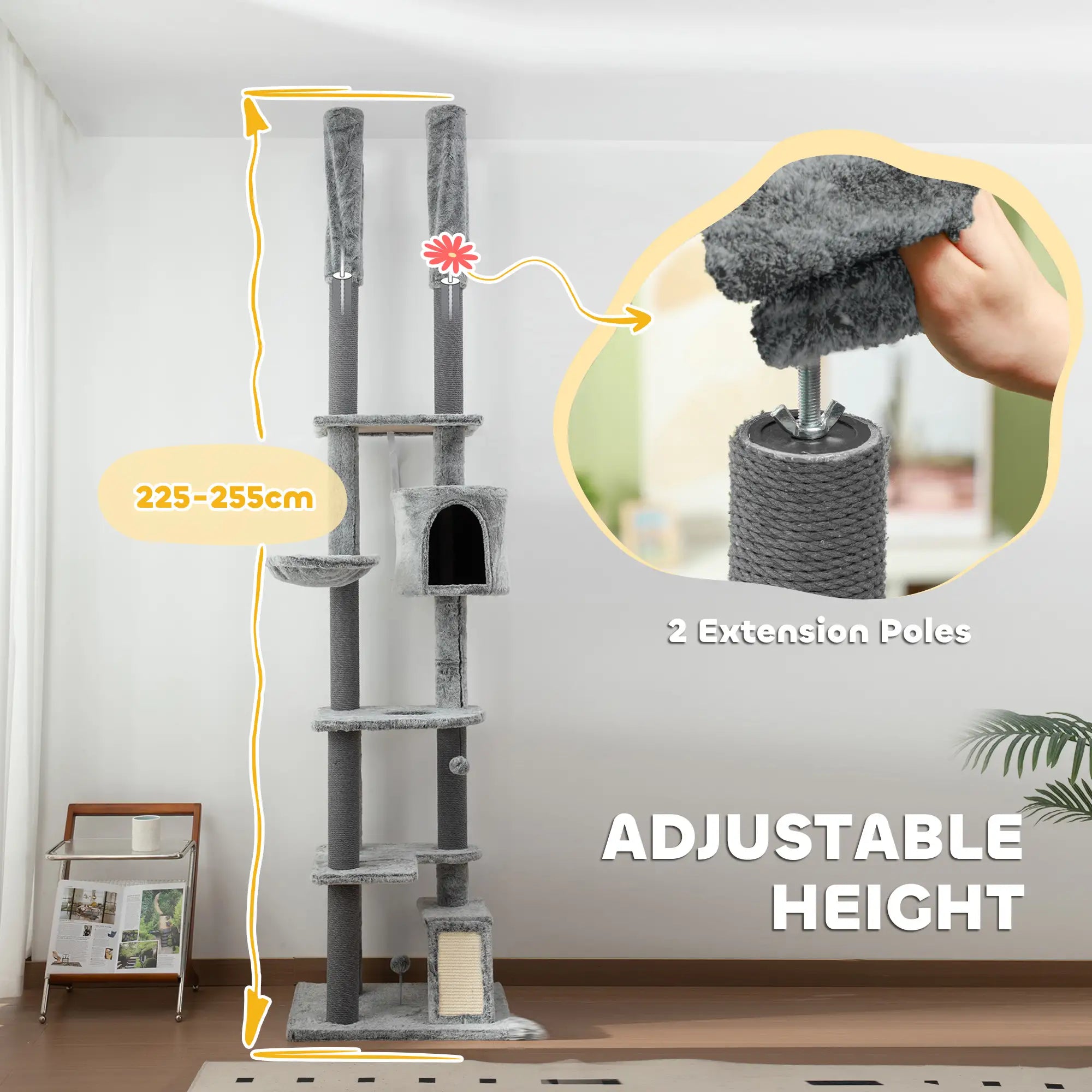 225-255cm Floor to Ceiling Cat Tree, Large Cat Tower w/ Cat Scratching Posts, Ramp, Cat House