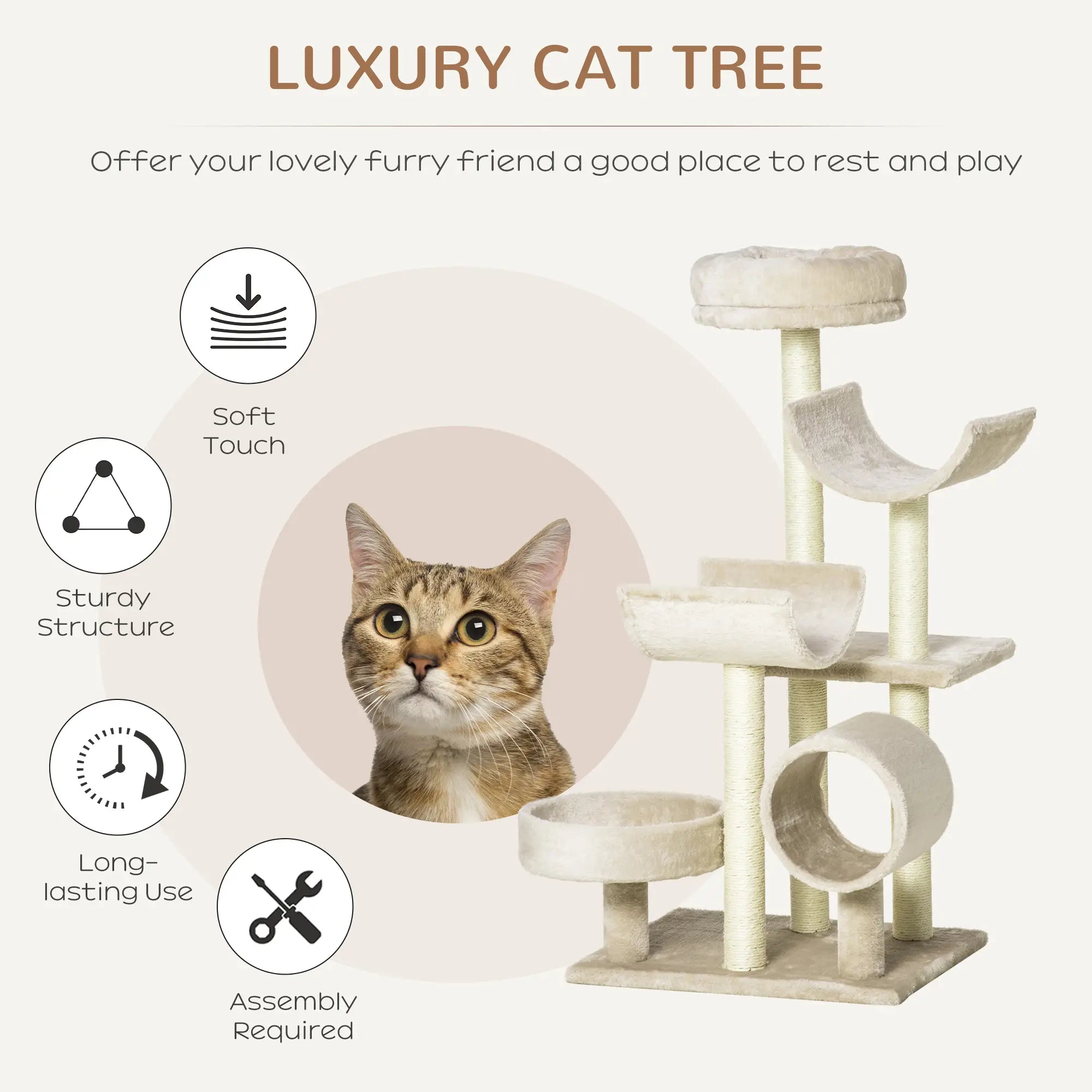 Cat Tree for Indoor Cats Kitten Pet Scratching Post Perch Activity Center Scratcher Climb Post Play House Arch with Tunnel 105cm Tall Beige