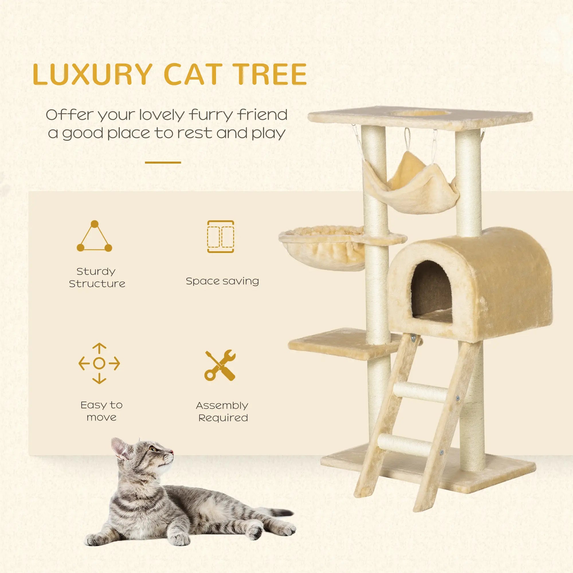 Cat Tree Tower for Indoor Cats Kitten Activity Centre Scratching Post w/ Hammock House Basket Ladder - Beige