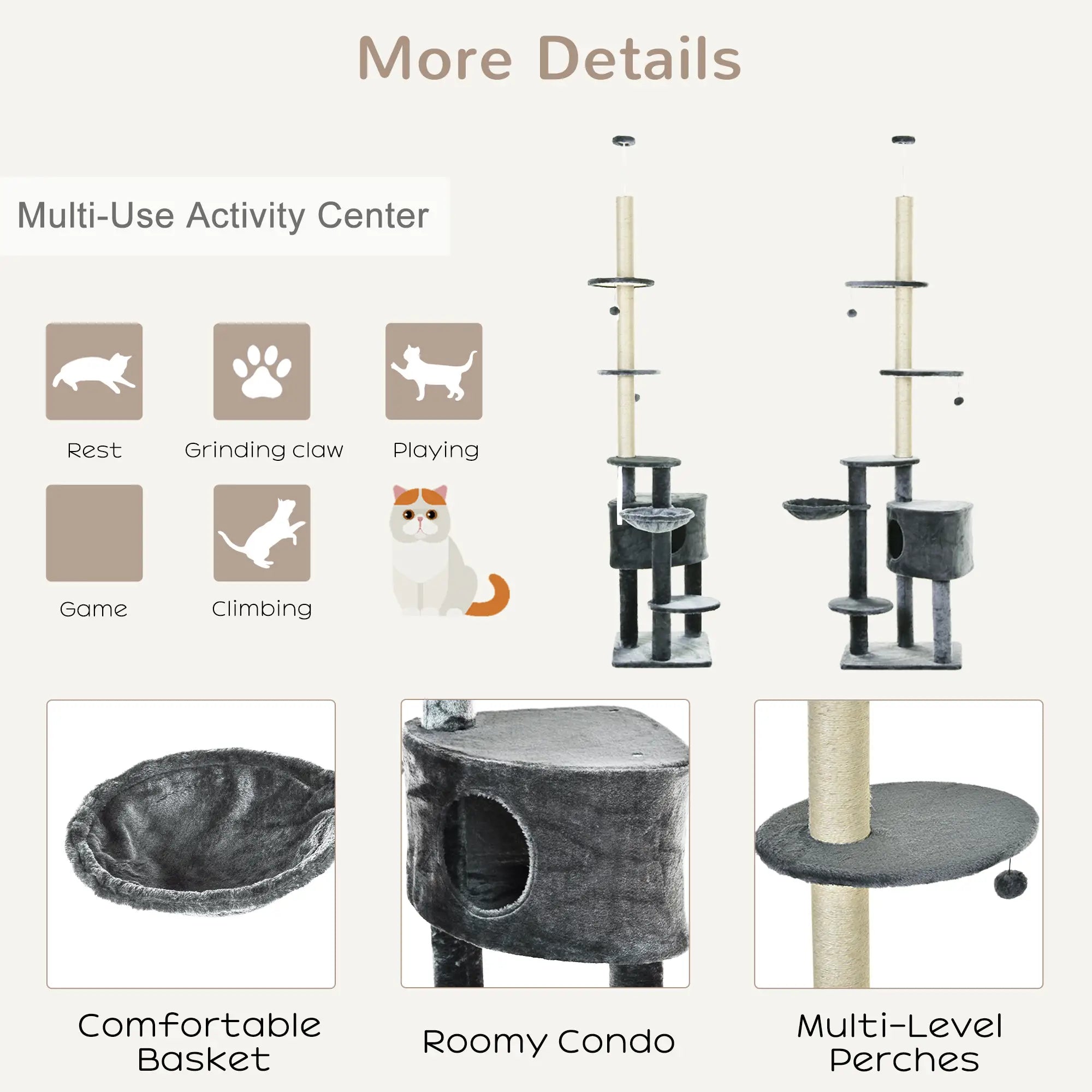 Floor to Ceiling Cat Tree for Indoor Cats Play Tower Climbing Activity Center Scratching Post Platforms Condo Adjustable Height 220-265cm Dark Grey