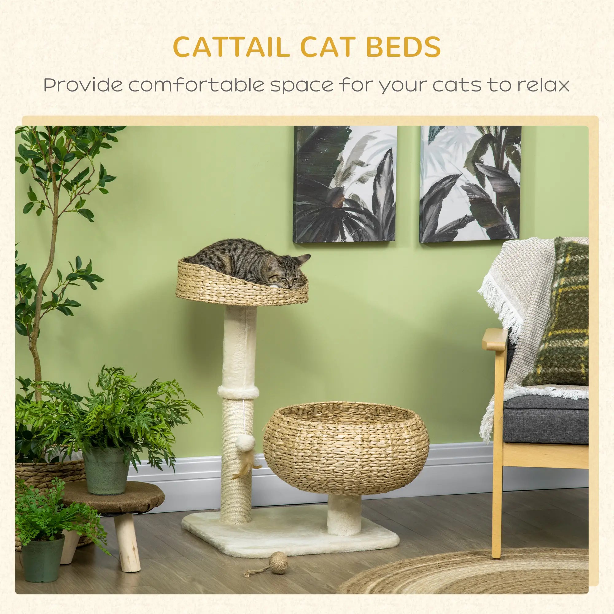 72cm Cat Tree Kitten Tower, with Sisal Scratching Post, Two Beds, Toy Ball