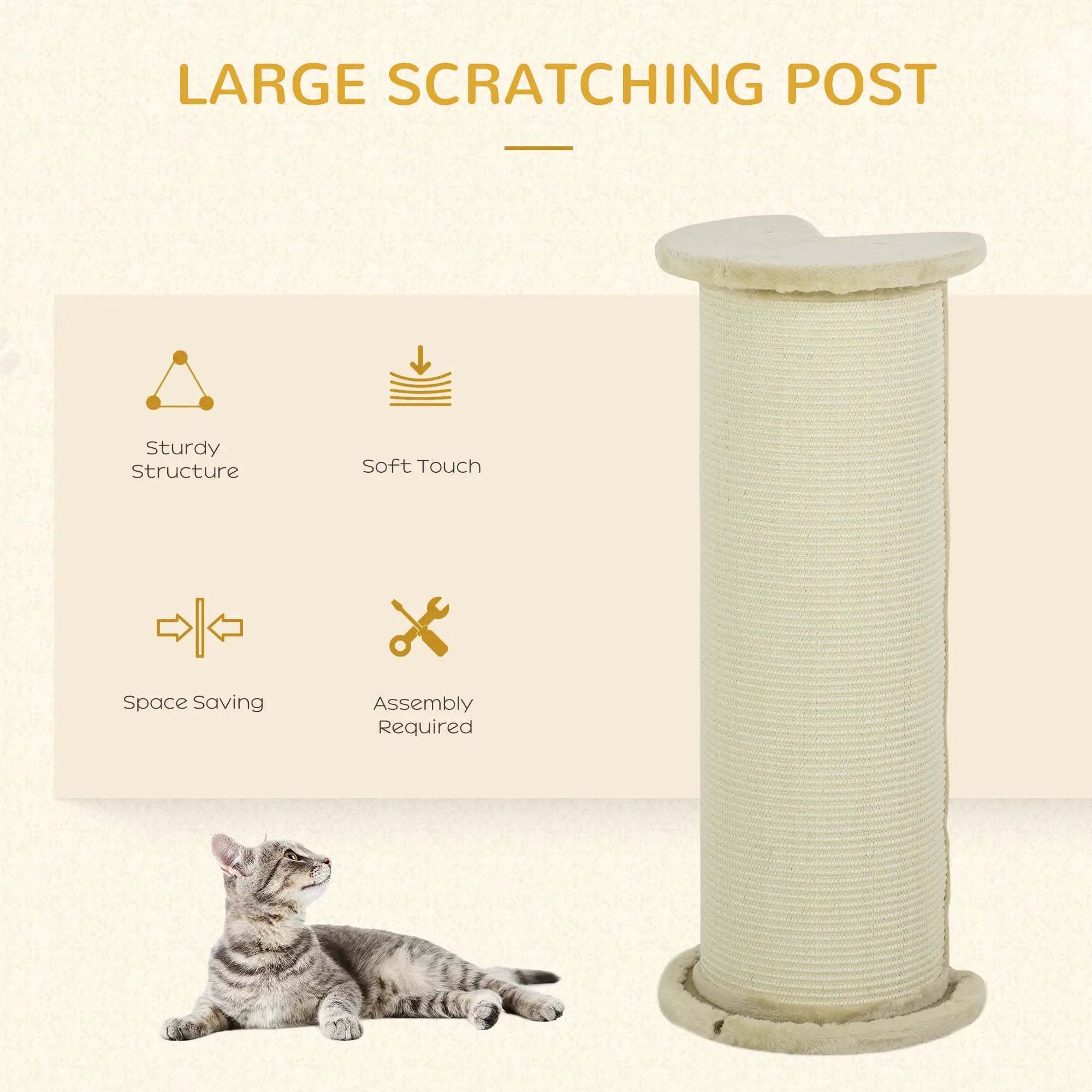 85cm Tall Cat Scratching Post, with Sisal Rope, Soft Plush, Anti Tip - Beige