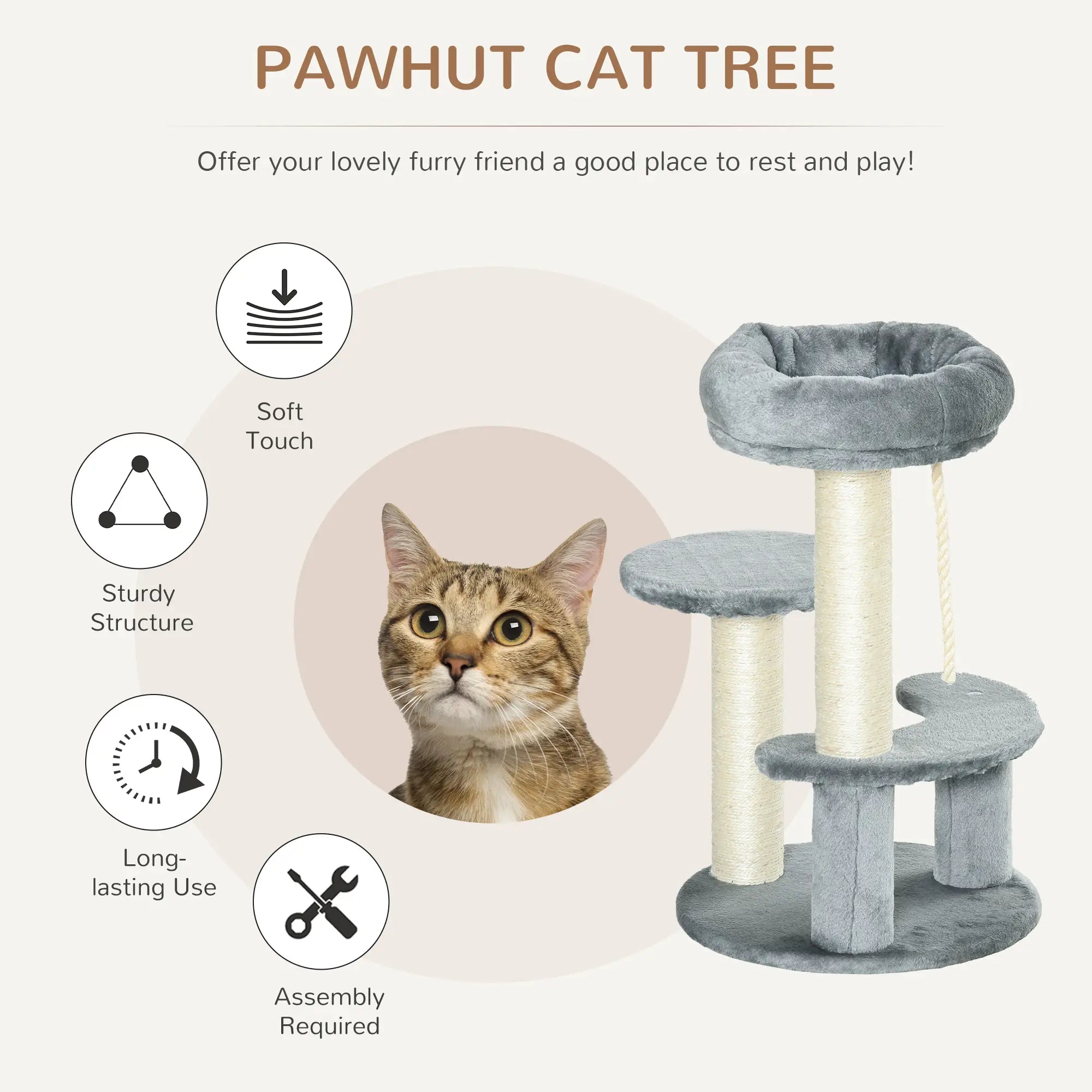 65cm Cat Tree, Cat Tower for Kittens, Small Cat Condo with Sisal Scratching Posts, Hanging Rope, Perches - Grey