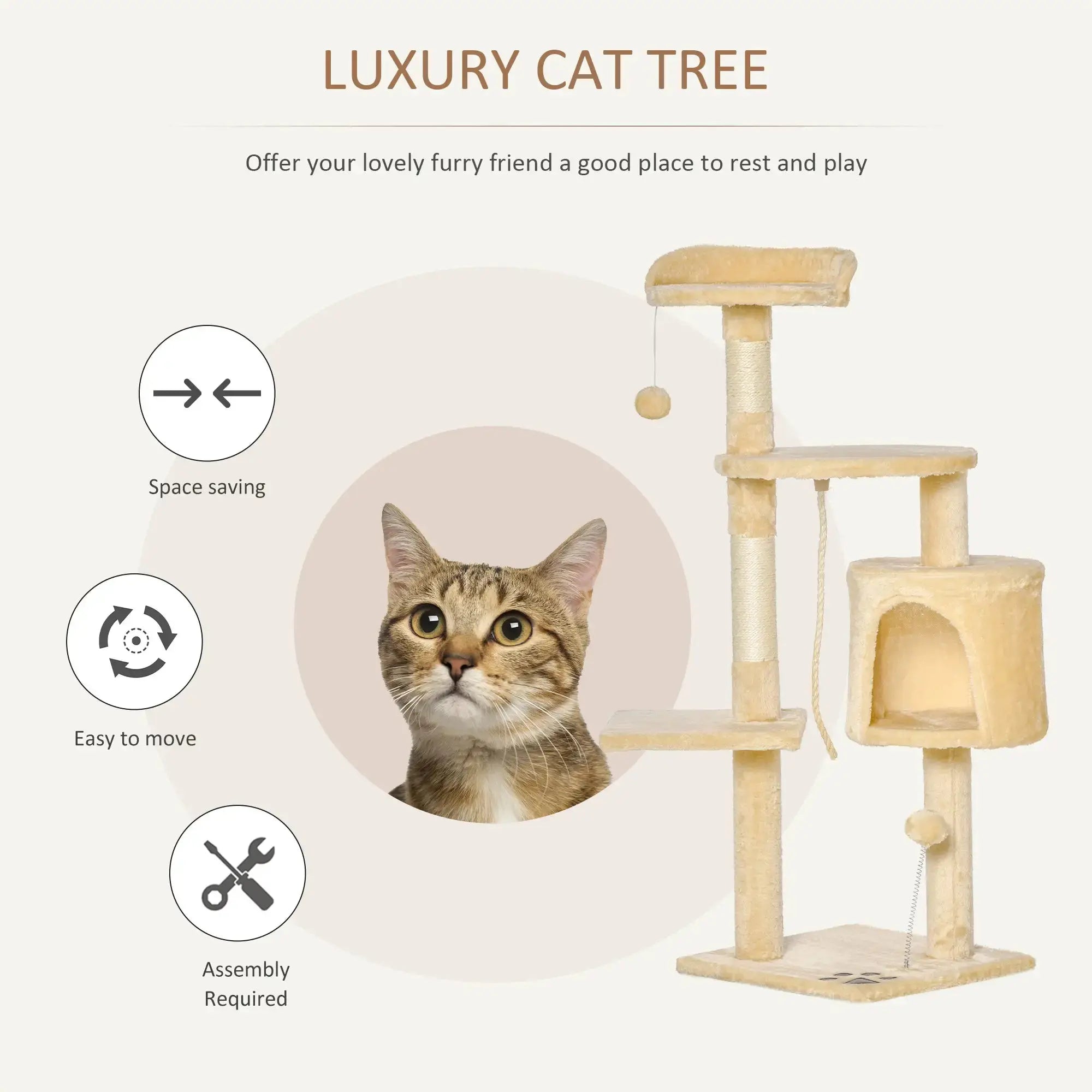 Cat Tree for Indoor Cats Pet Activity Centre Kitty Condo Climbing Scratching Post with Toys 4-tier 114cm Tall Beige