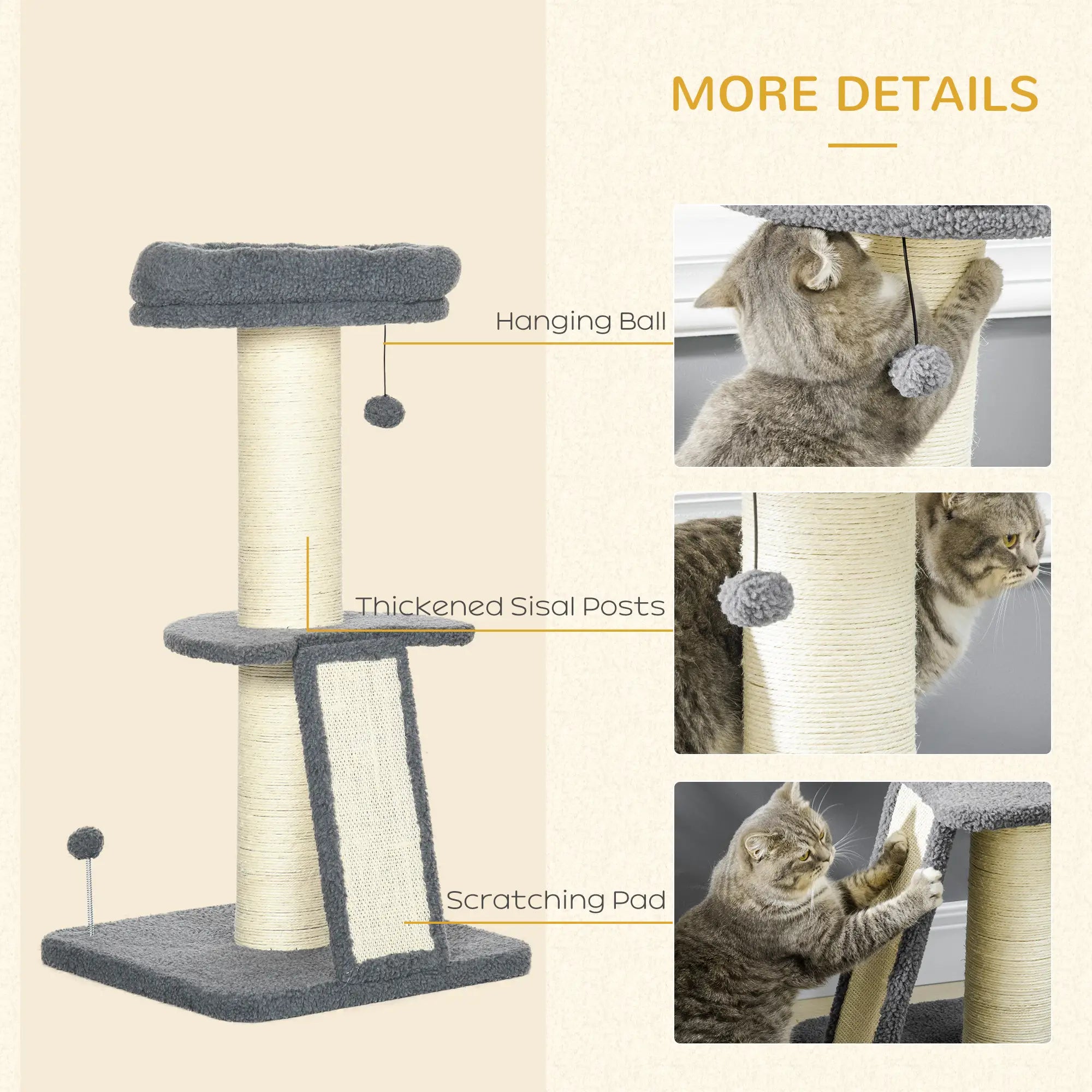 Cat Tree Tower with Scratching Posts, Pad, Bed, Toy Ball-Dark Grey