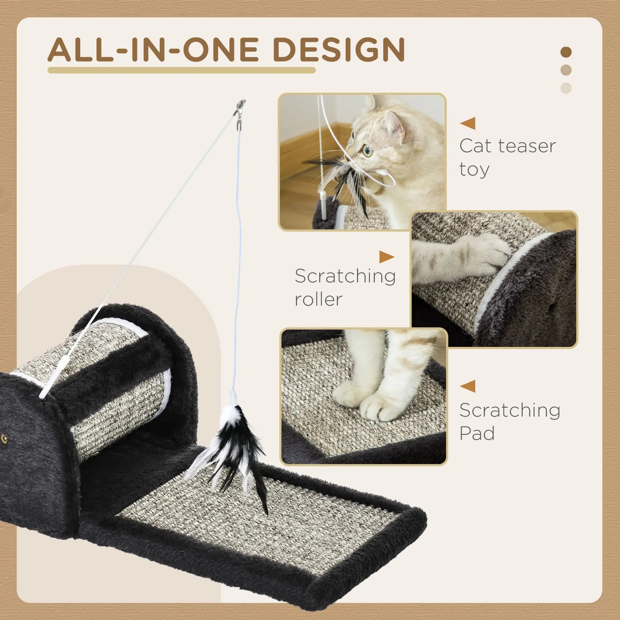 Cat Scratcher, Sisal Cat Scratching Board Mat Pad with Roller, Feather Toy, 44 x 24 x 16 cm, Grey