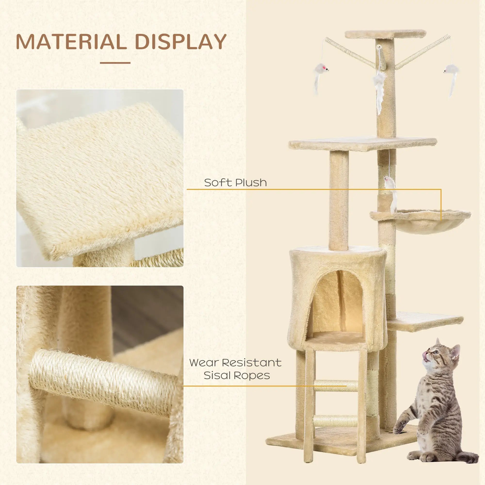 Cat Tree for Indoor Cats 135cm Kitten Tower Scratching Post Kitty Scratcher Climbing Tower with Ladder, Beige