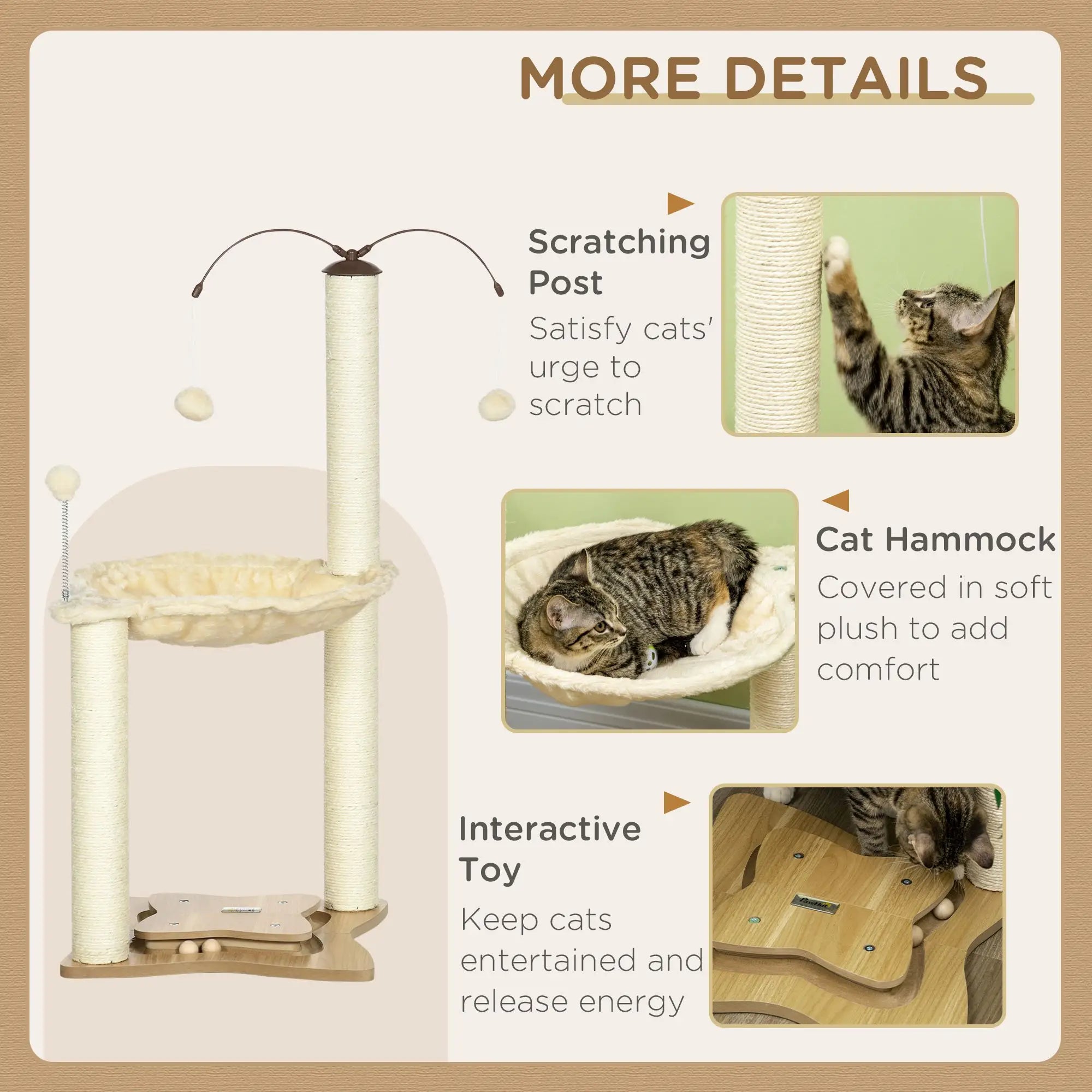 Cat Tree, with Scratching Posts, Hammock, Toy Ball - Beige