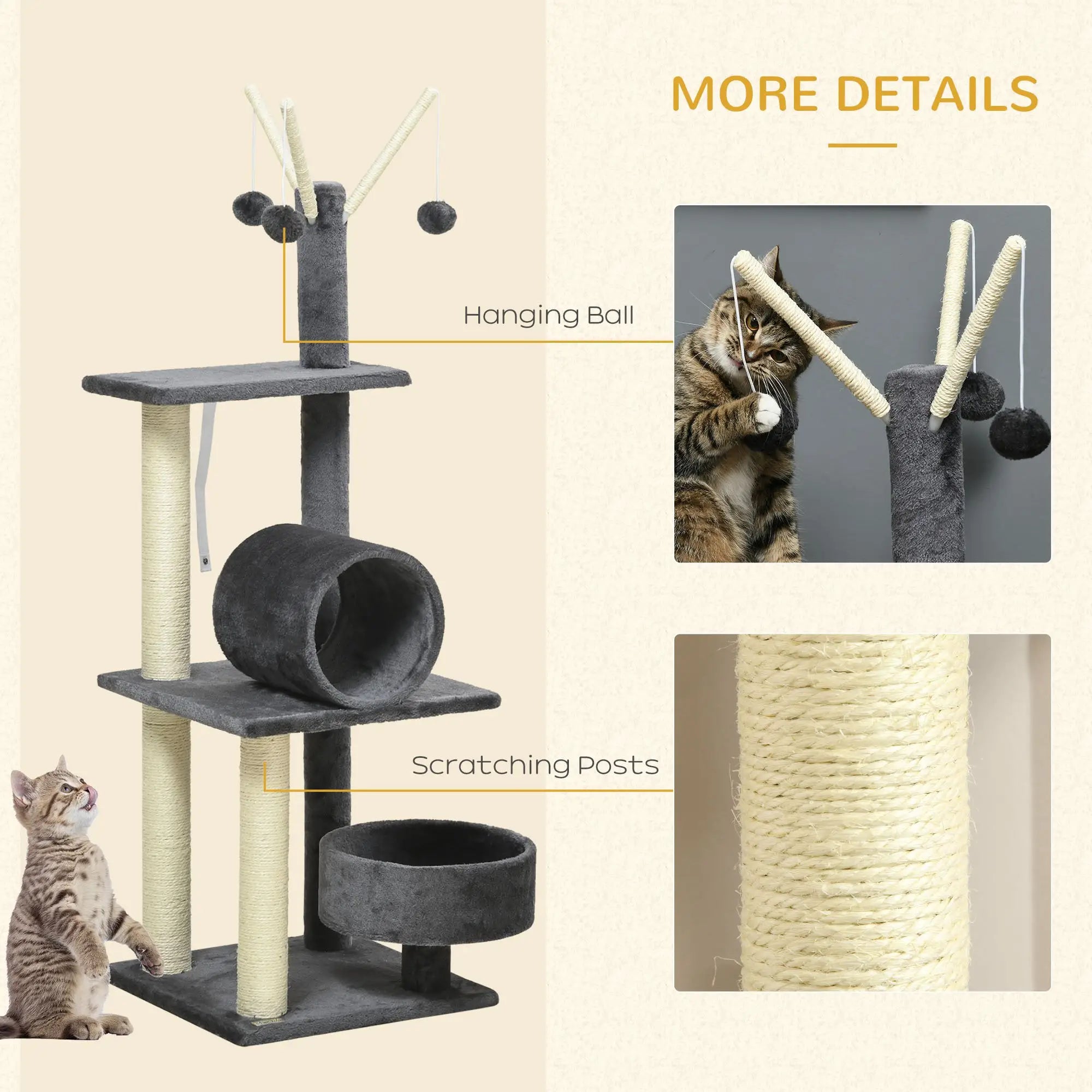 121cm Cat Tree Tower for Indoor Cats Kitten Activity Centre Scratching Post with Bed Tunnel Perch Interactive Ball Toy Grey
