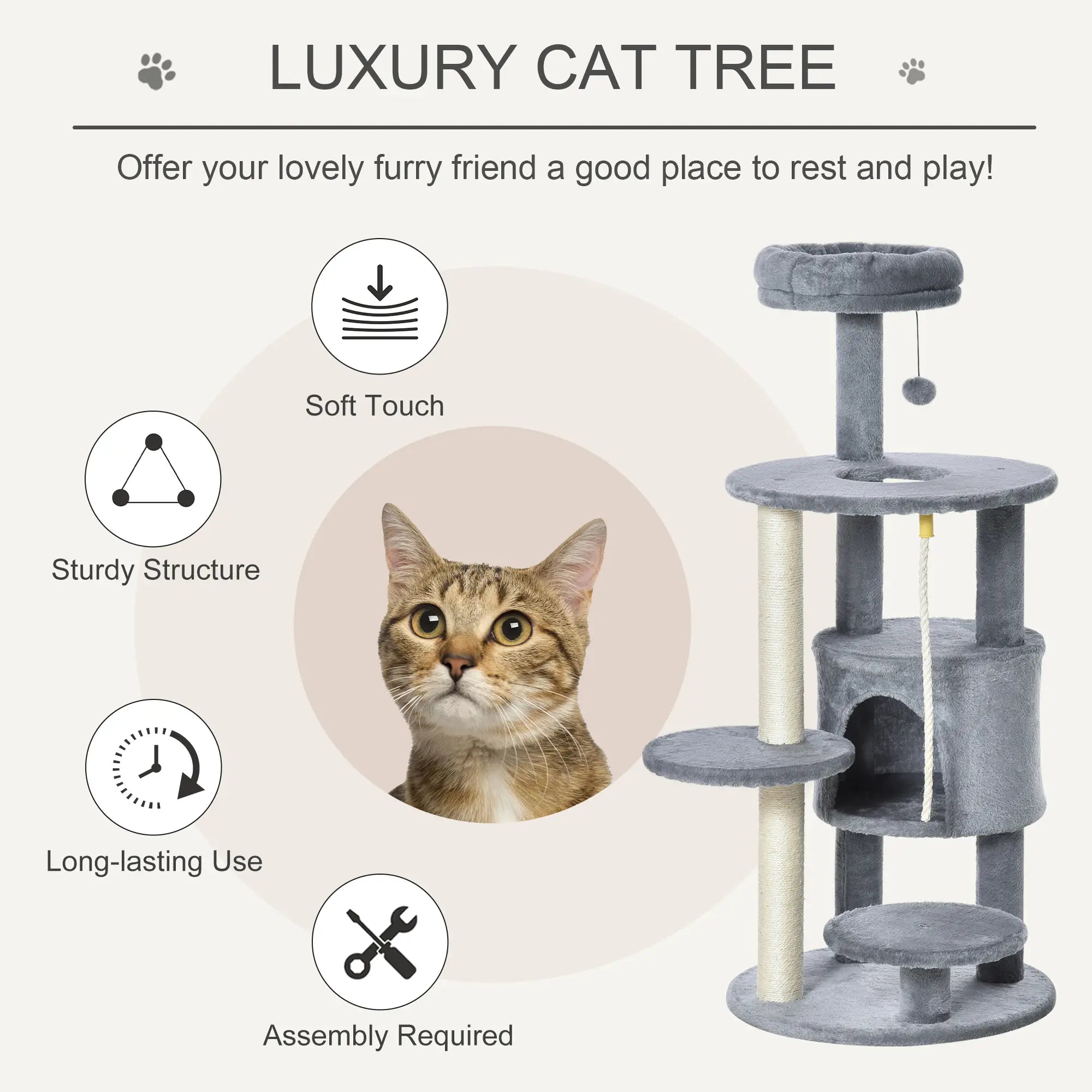 Cat Tree Tower for Indoor Cats 112cm Climbing Kitten Activity Center with Jute Scratching Post Perch Hanging Ball Toy Teasing Rope Dark grey