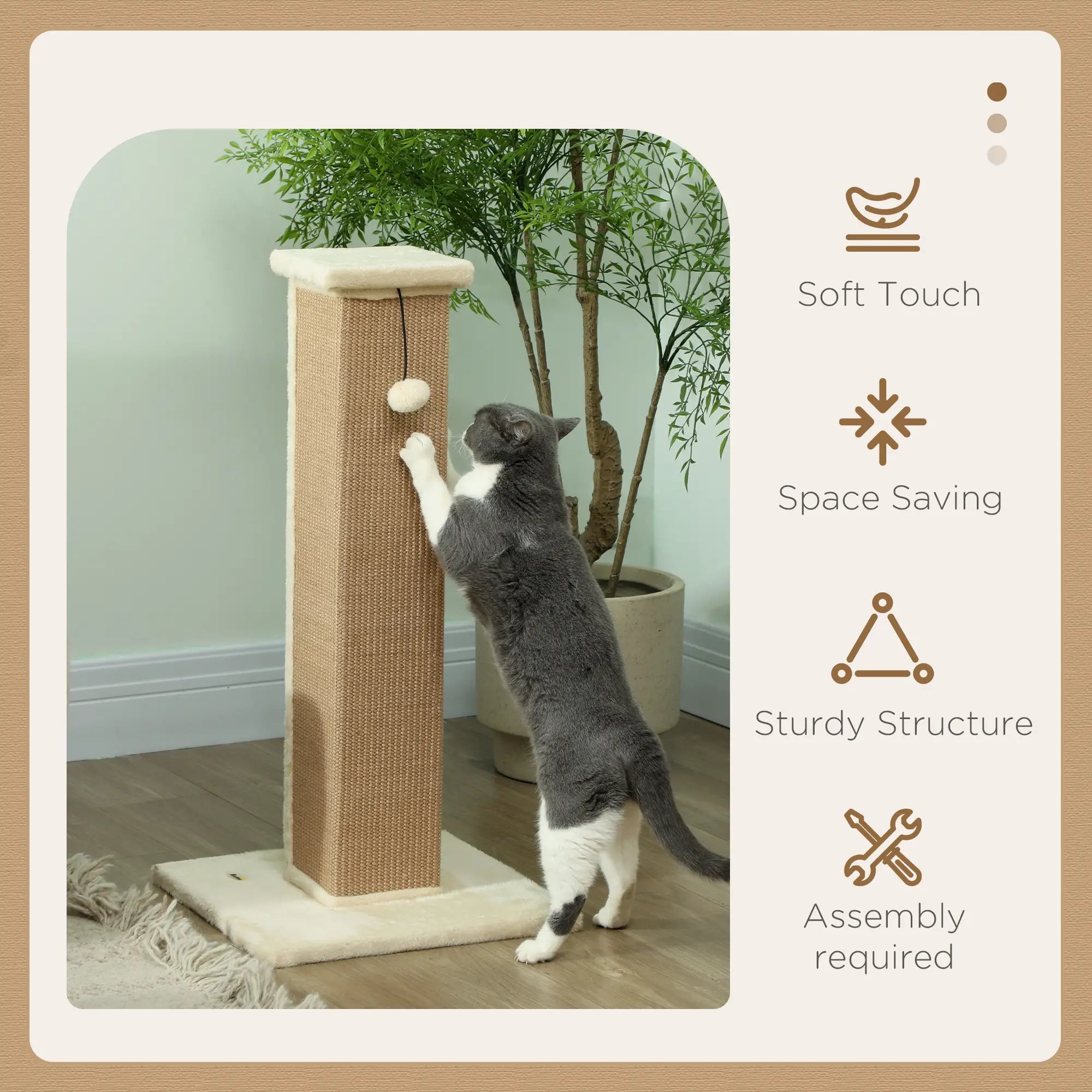 Cat Scratcher, Vertical Full Scratcher w/ Natural Jute Rope, Hanging Ball, Soft Plush - Beige