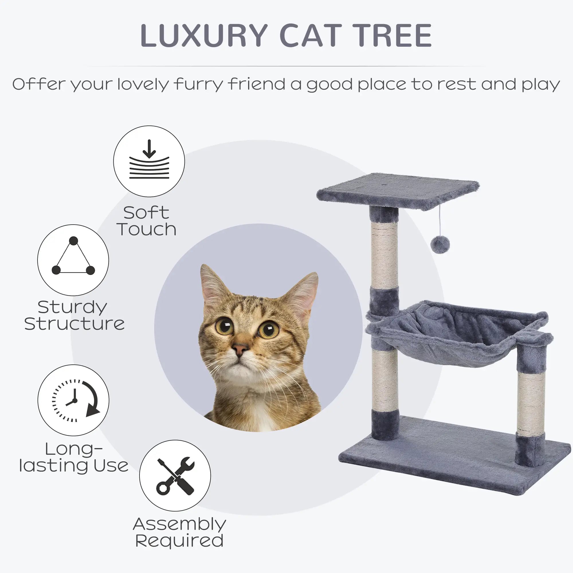 Cat Scratch Post with Bed Cat Tree for Indoor Cats Sisal Scratching Posts Hammock Kitty Activity Centre Grey