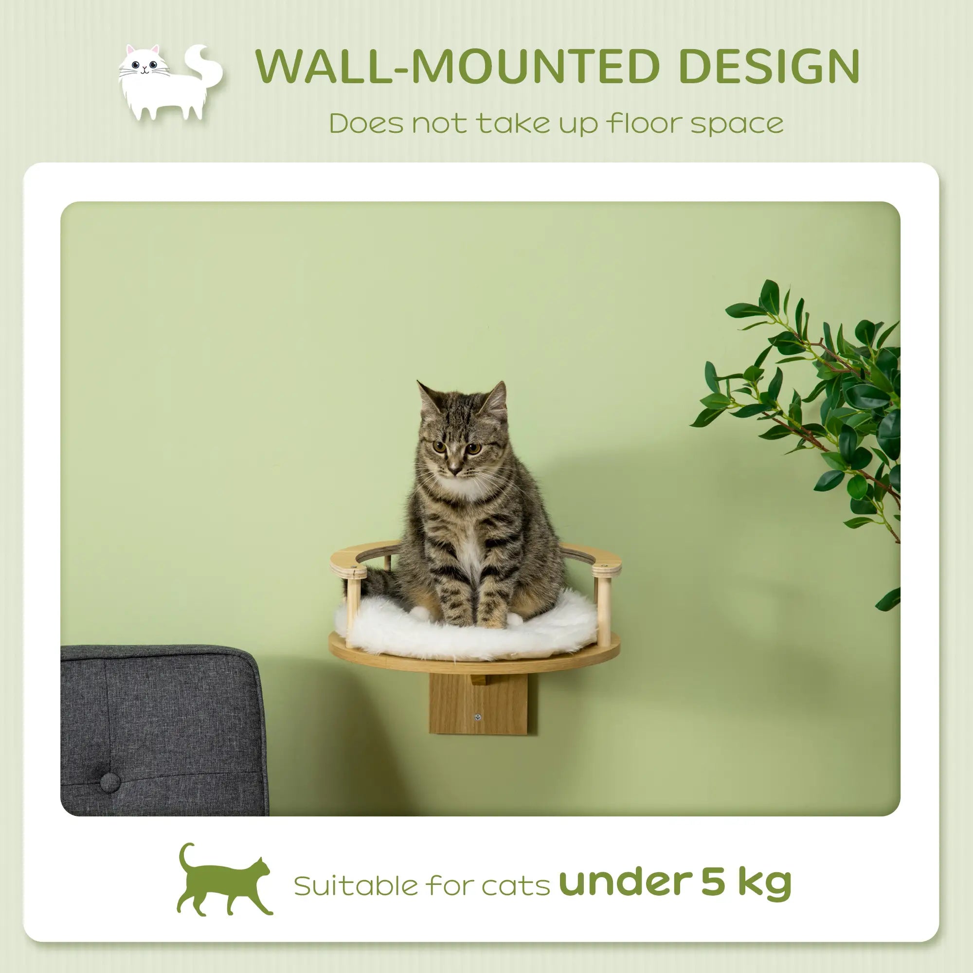 Wall-Mounted Cat Shelf with Cushion, Guardrails, 34 x 34 x 10.5cm