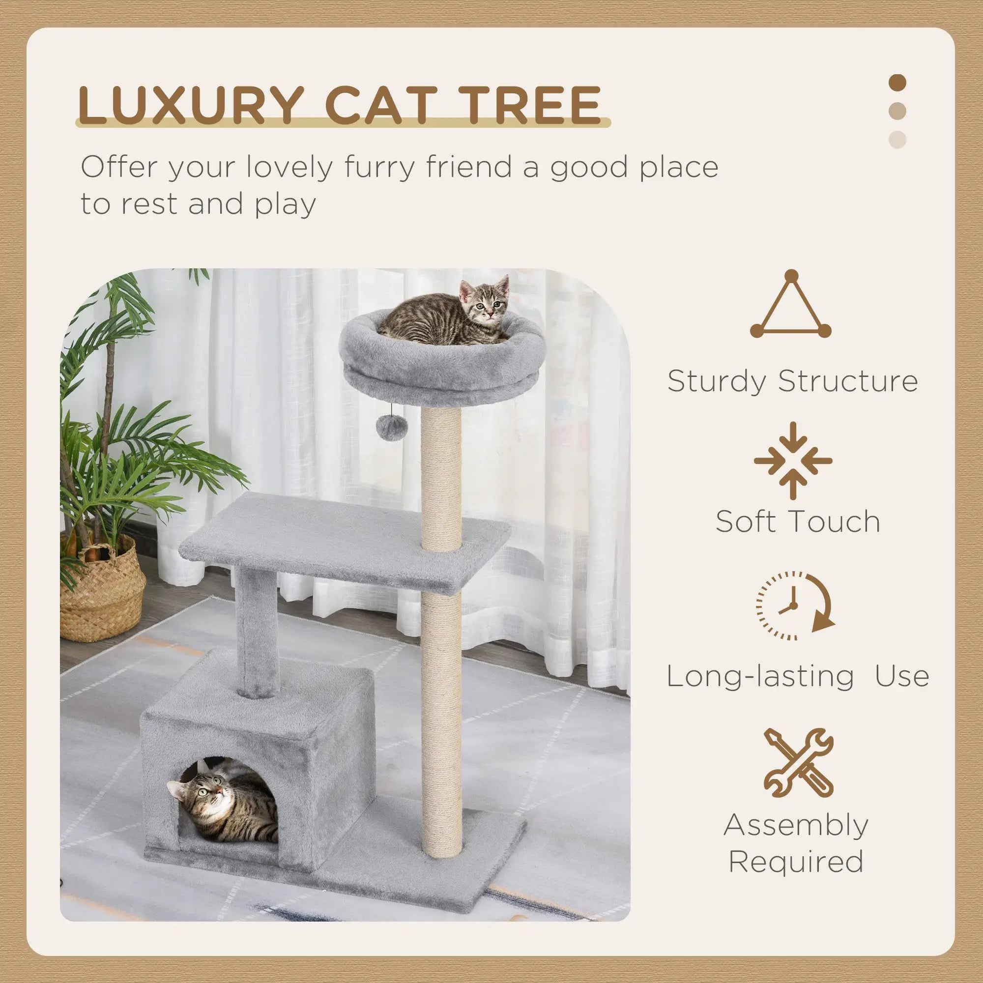 96cm Cat Tree for Indoor Cats Condo Sisal Scratching Post Cat Tower Kitten Play House Dangling Ball Activity Centre Furniture Grey