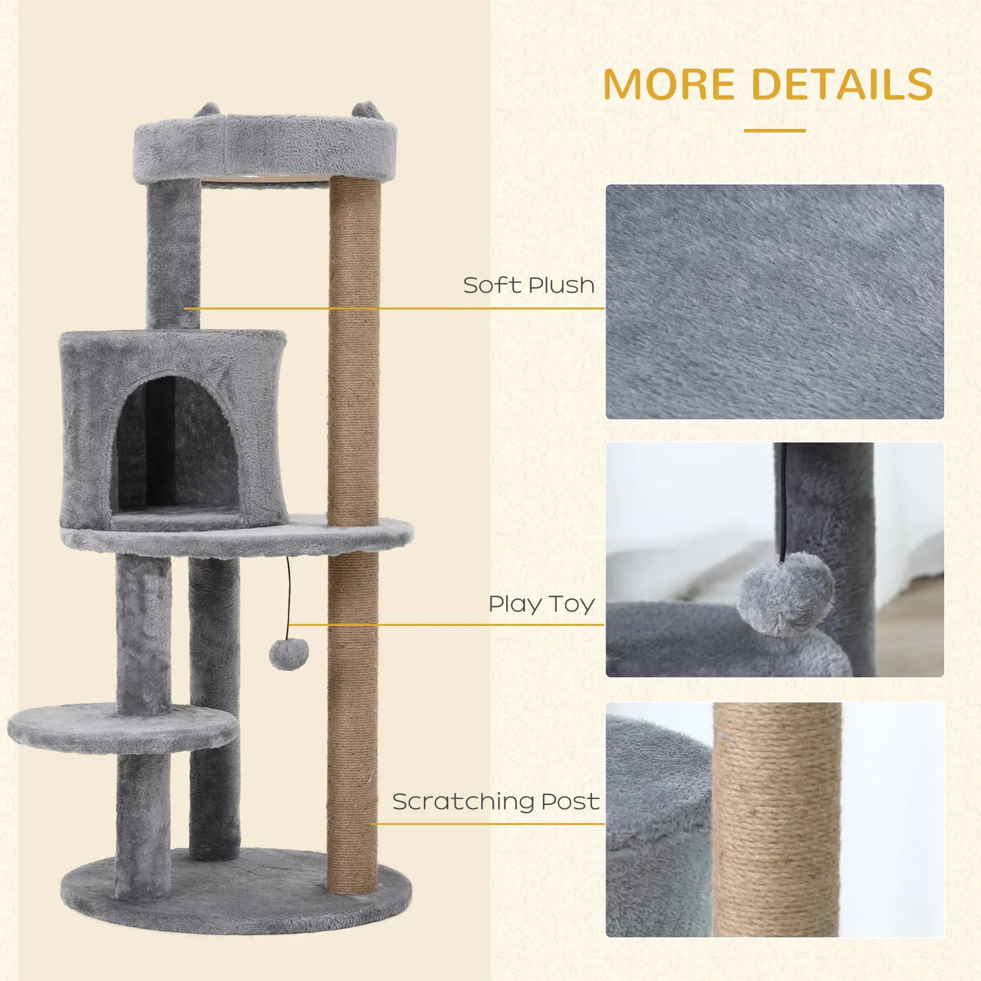 104 cm Cat Tree, Cat Condo Tree Tower, Cat Activity Centre with Scratching Posts, Plush Perch, Hanging Ball - Grey