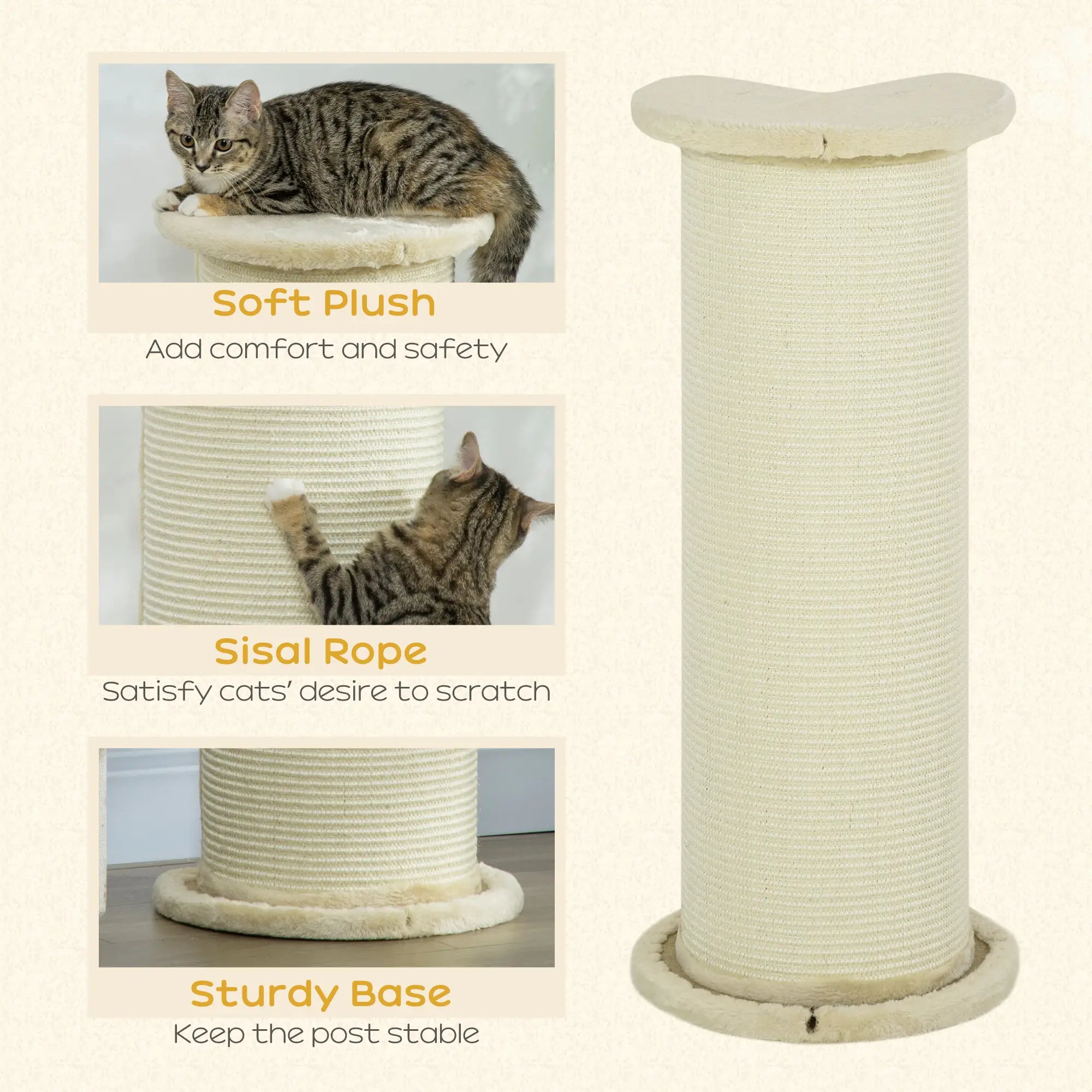 85cm Tall Cat Scratching Post, with Sisal Rope, Soft Plush, Anti Tip - Beige