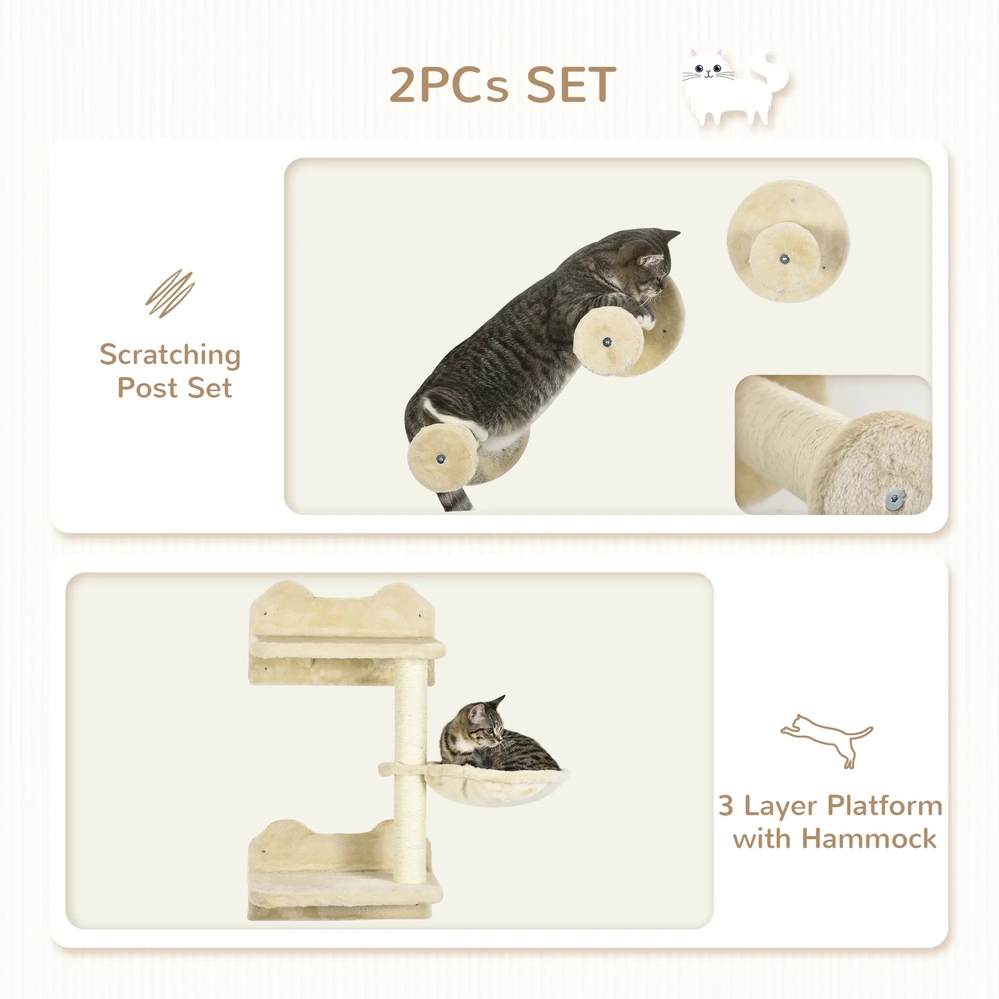 4 Piece Cat Shelf with Scratching Post, Wall-Mounted Cat Tree for Indoor Cat - Beige