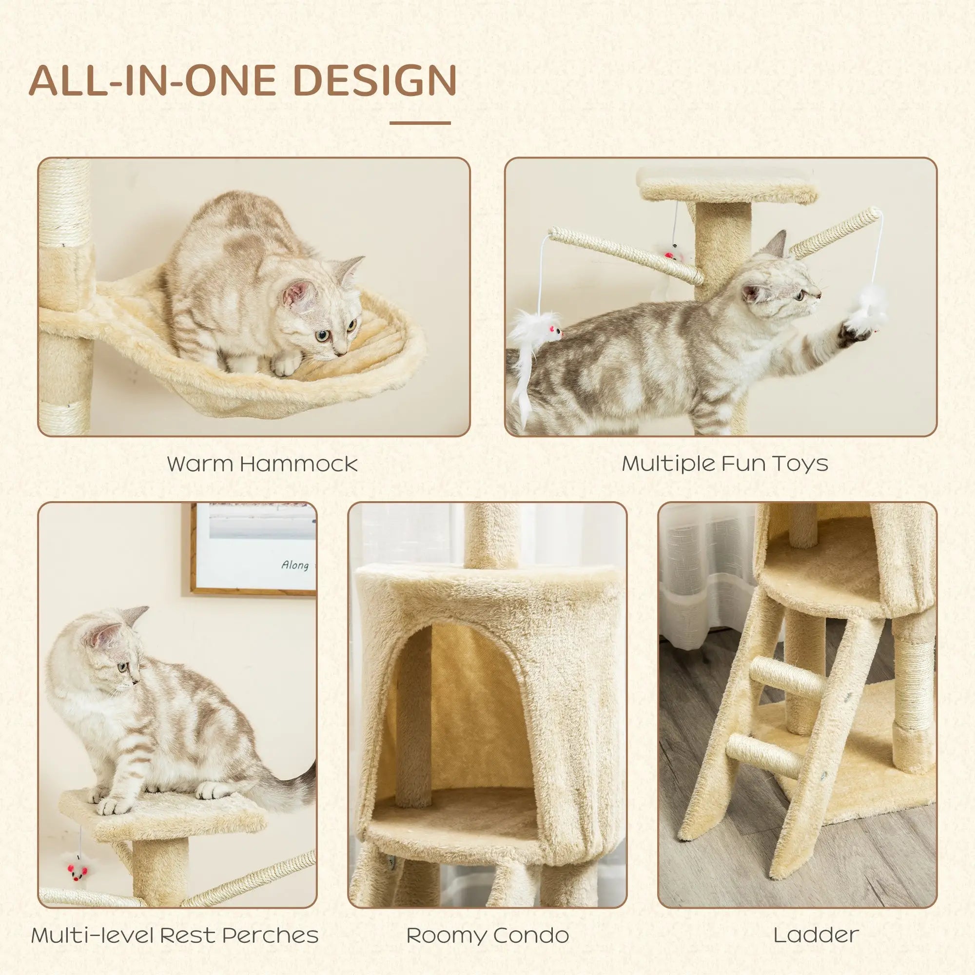 Cat Tree for Indoor Cats 135cm Kitten Tower Scratching Post Kitty Scratcher Climbing Tower with Ladder, Beige