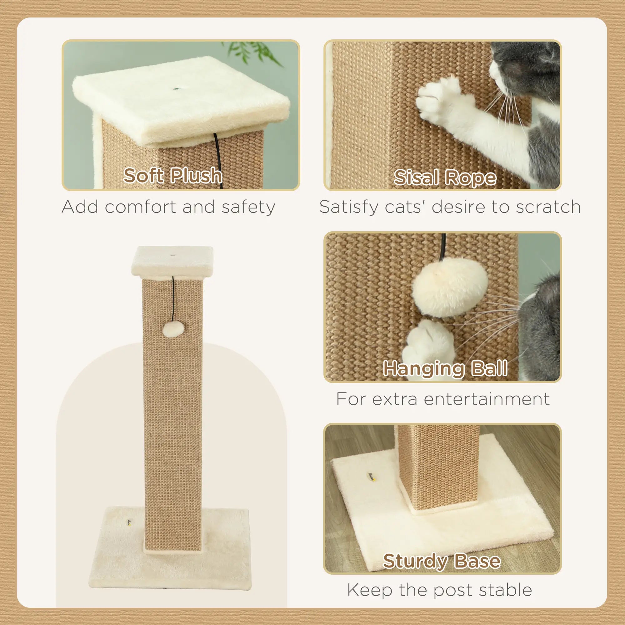 Cat Scratcher, Vertical Full Scratcher w/ Natural Jute Rope, Hanging Ball, Soft Plush - Beige
