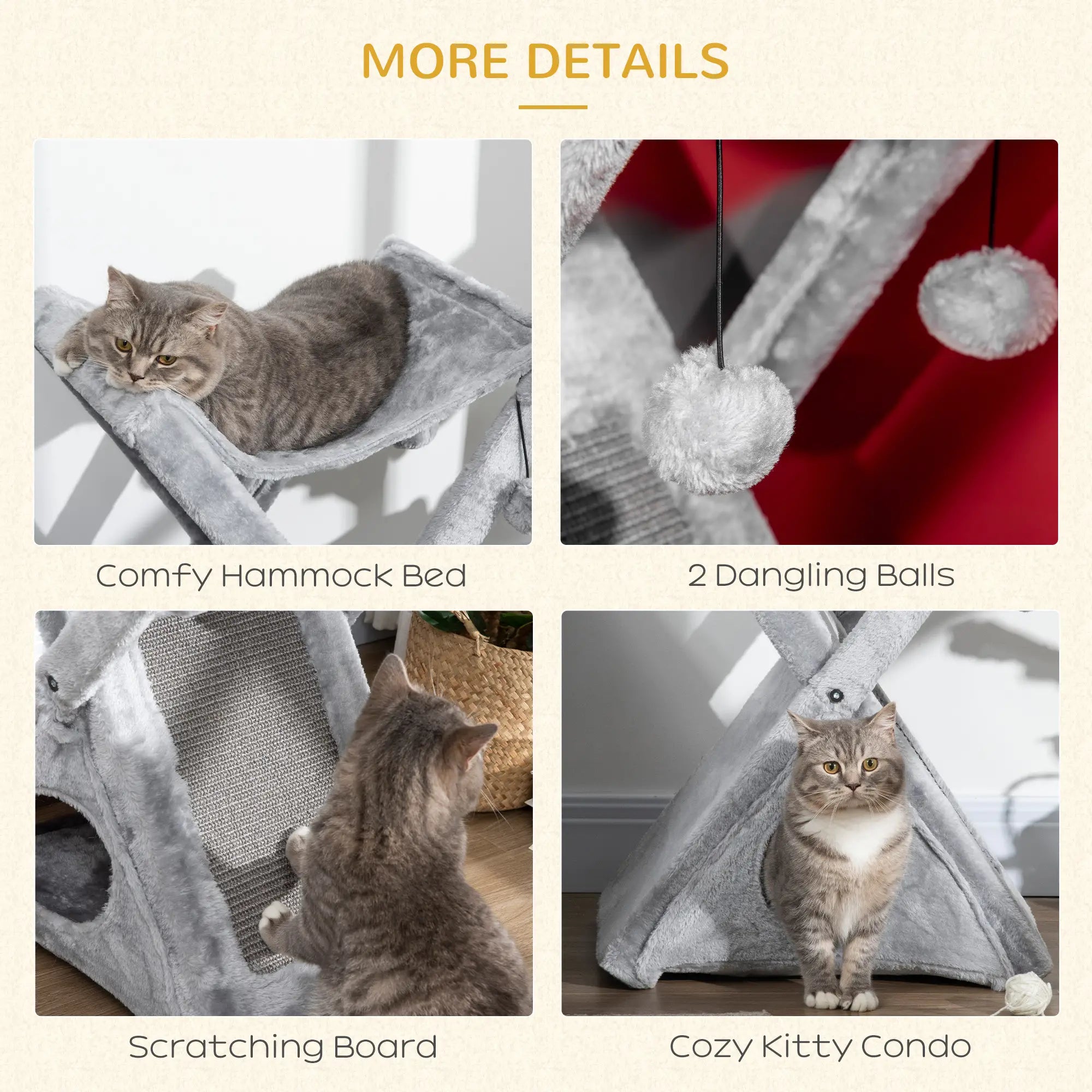 Two Tier Cat Tree for Indoor Cats Play Rest Activity Tower Plush Folding Relax Center w/ Scratching Post Hammock Pom Poms Grey