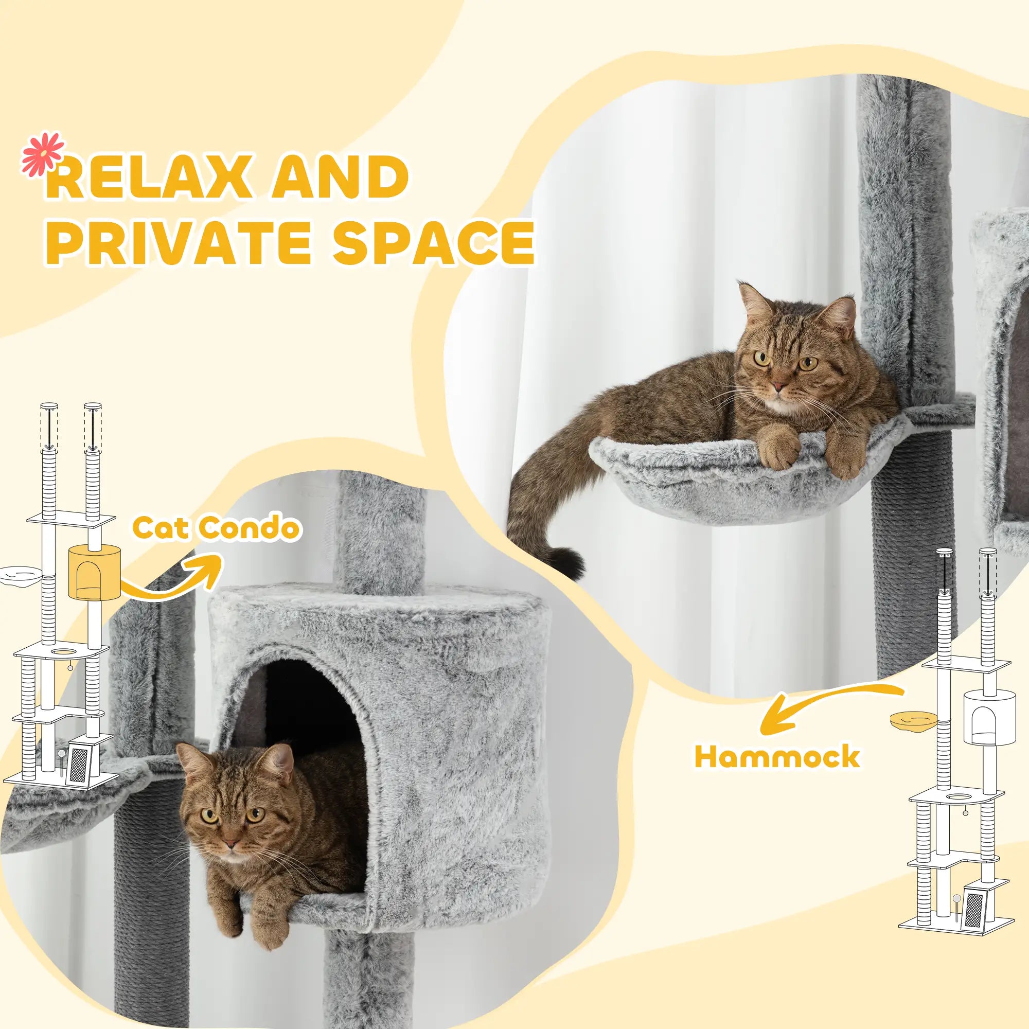 225-255cm Floor to Ceiling Cat Tree, Large Cat Tower w/ Cat Scratching Posts, Ramp, Cat House